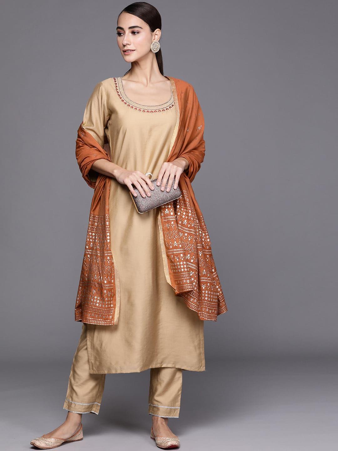 Beige Solid Chanderi Silk Suit Set - ShopLibas