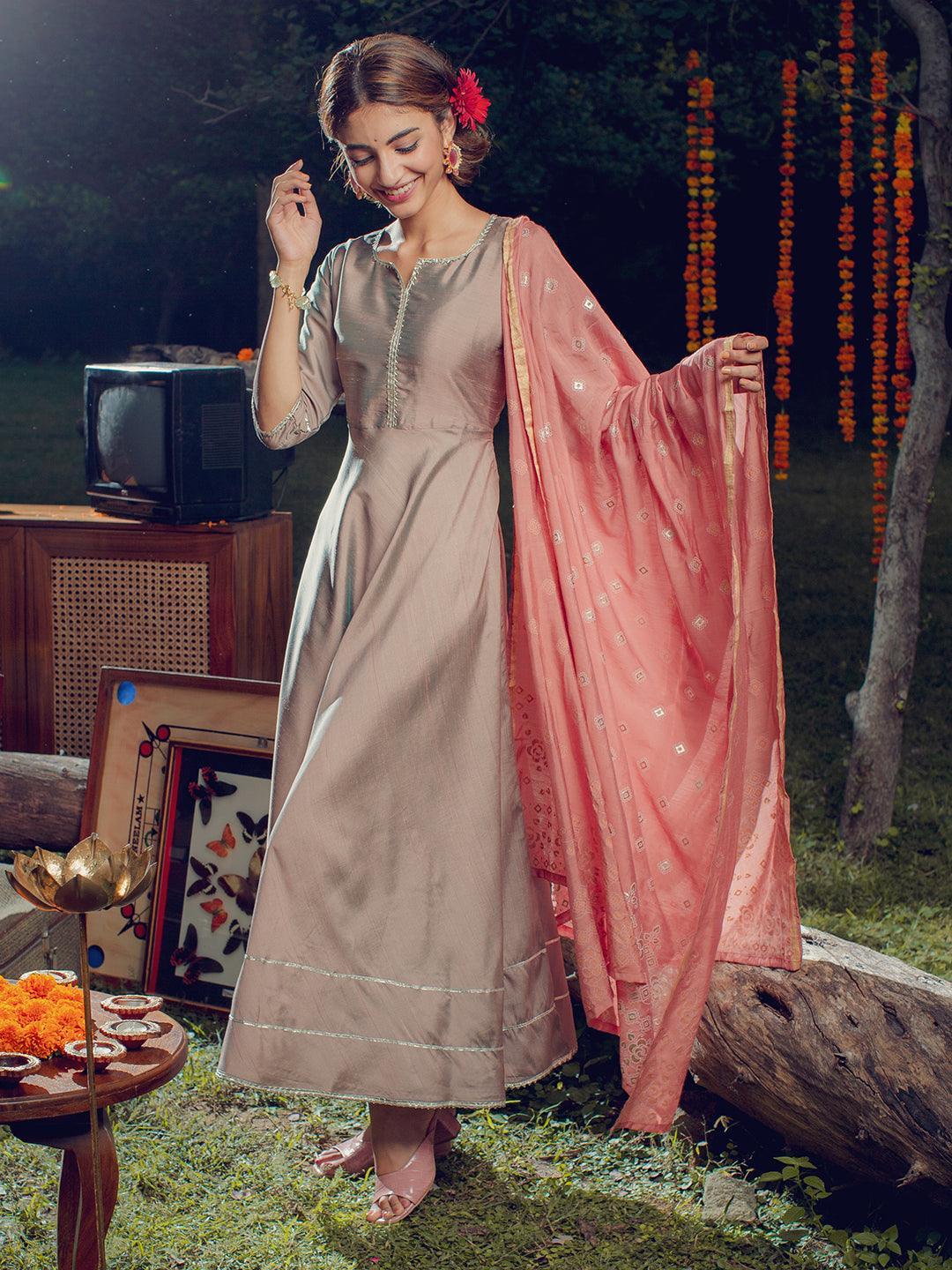 Beige Solid Silk Dress With Dupatta