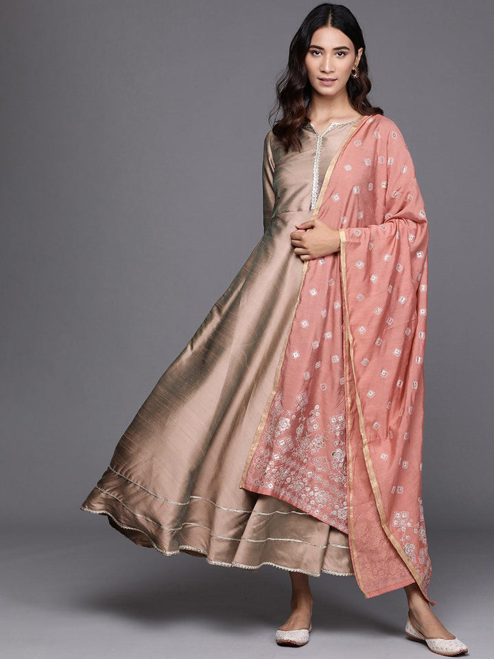 Beige Solid Silk Dress With Dupatta - ShopLibas