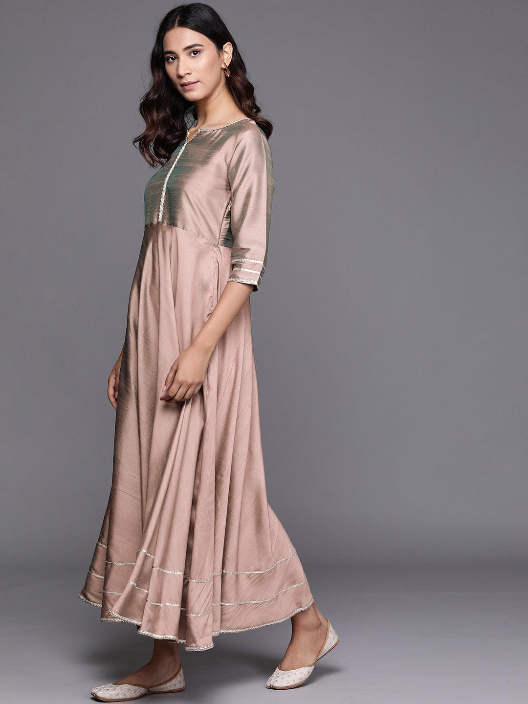 Beige Solid Silk Dress With Dupatta