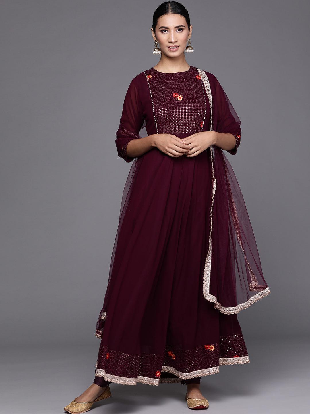 Maroon Embroidered Georgette Suit Set