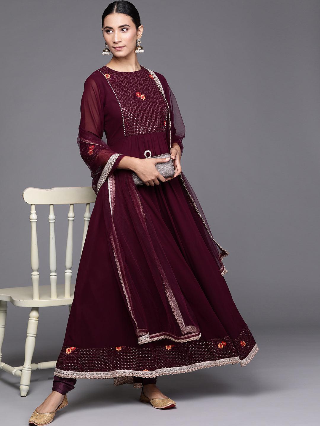 Maroon Embroidered Georgette Suit Set