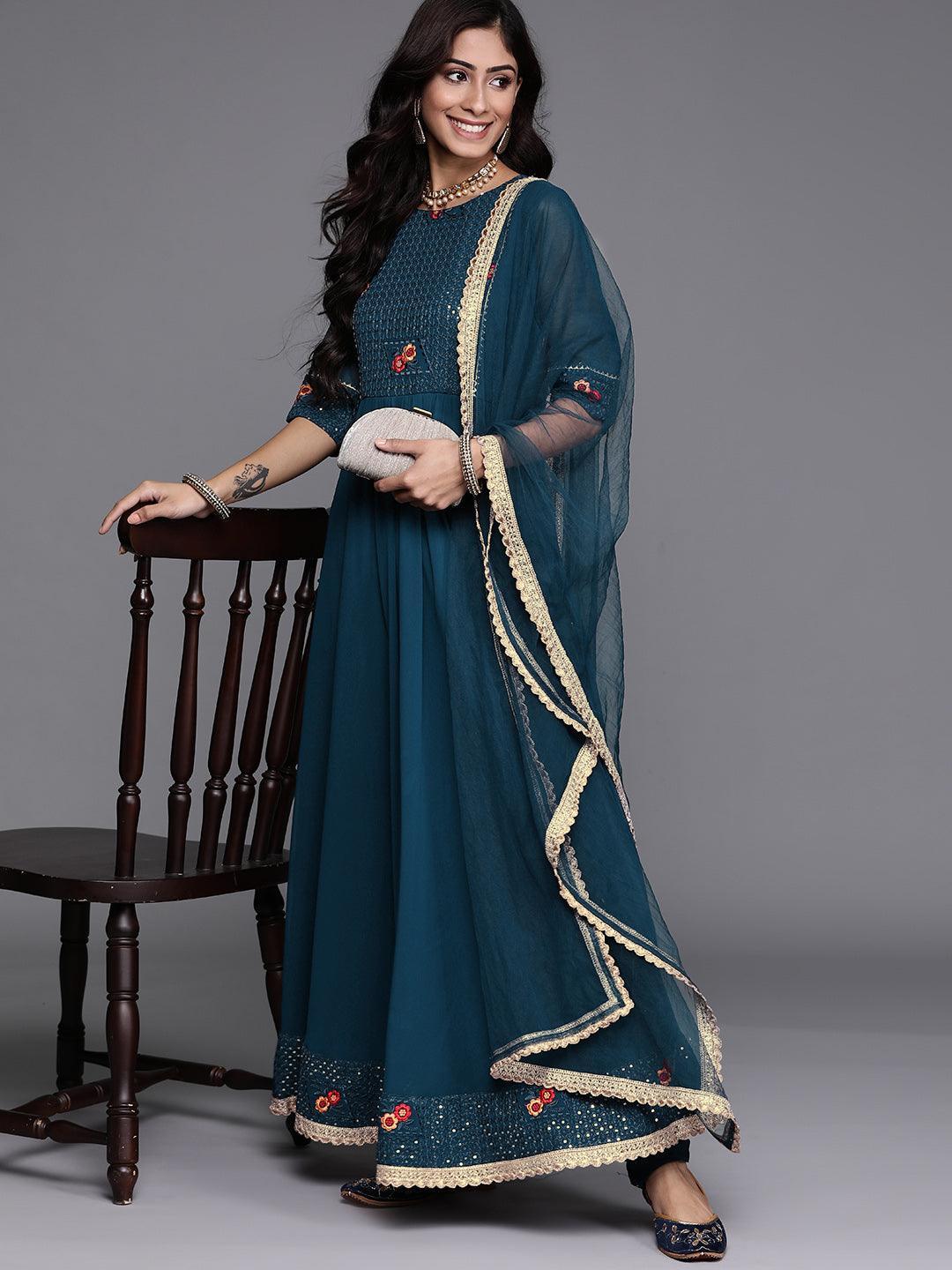 Blue Embroidered Georgette Suit Set