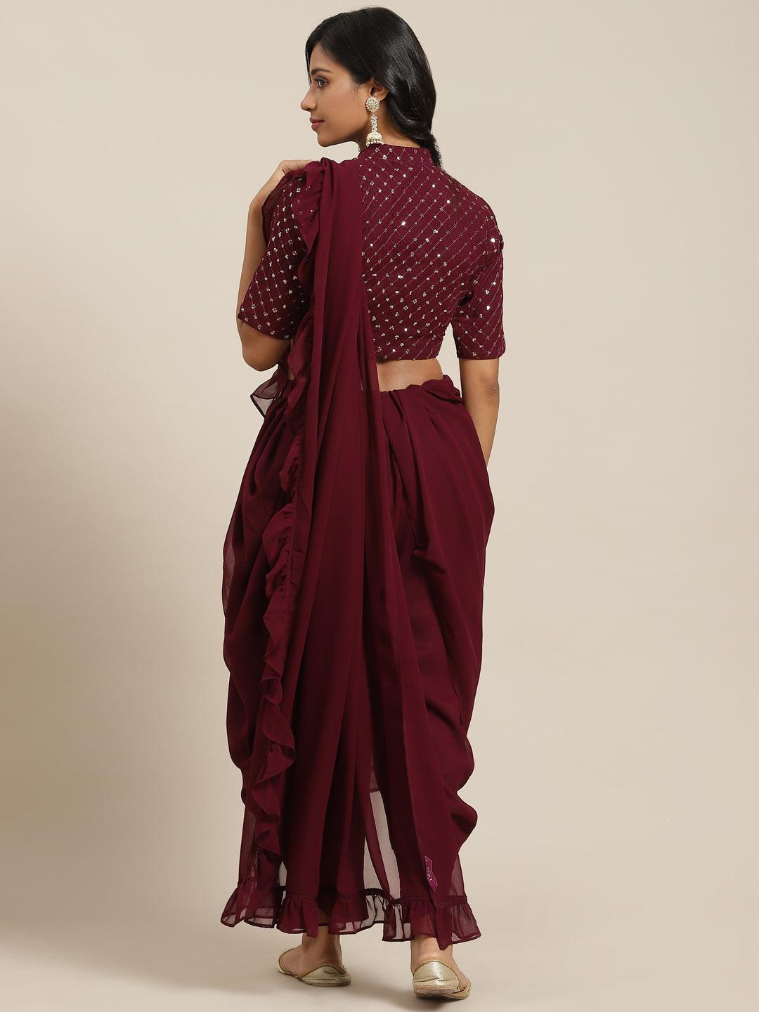 Burgundy Embellished Georgette Dhoti Saree