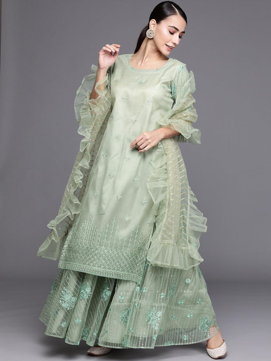 Green Embroidered Net Suit Set