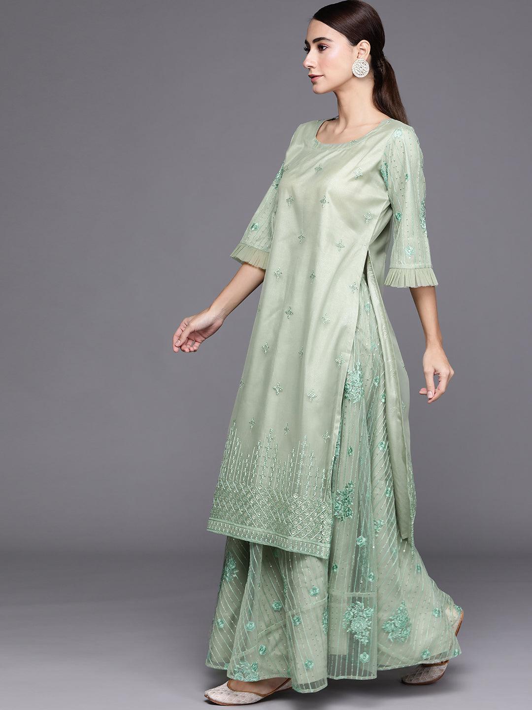 Green Embroidered Net Suit Set