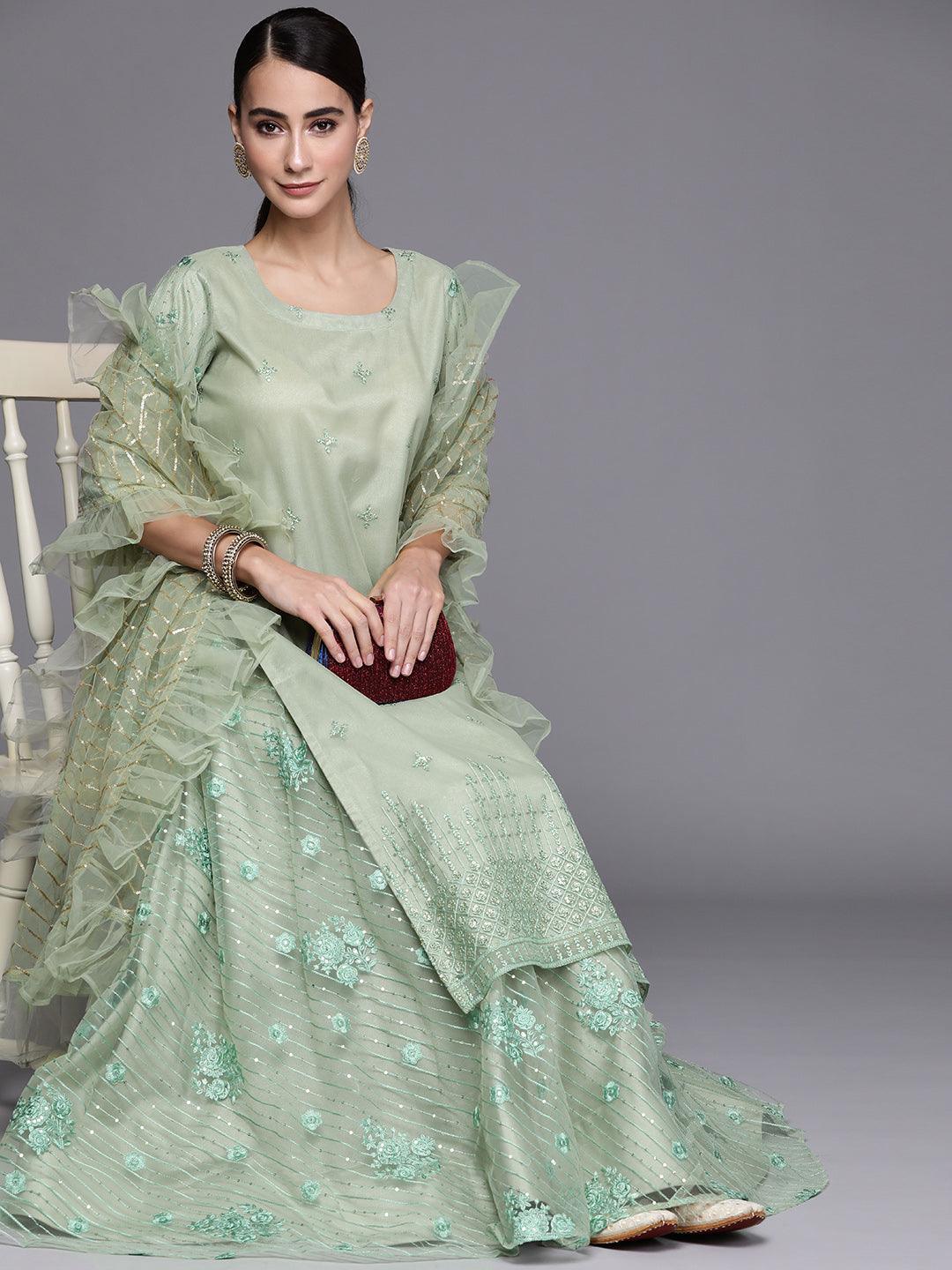 Green Embroidered Net Suit Set