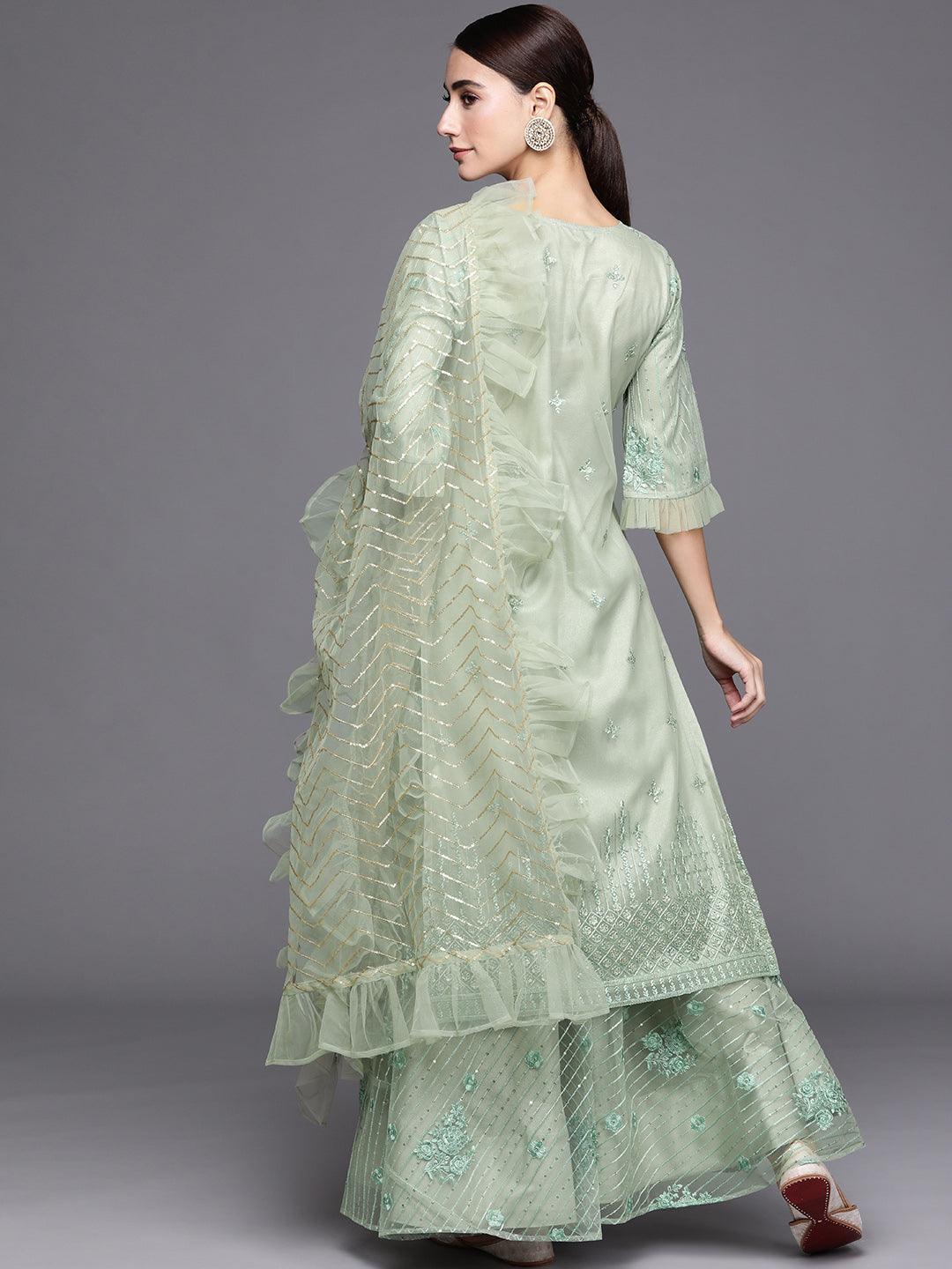 Green Embroidered Net Suit Set