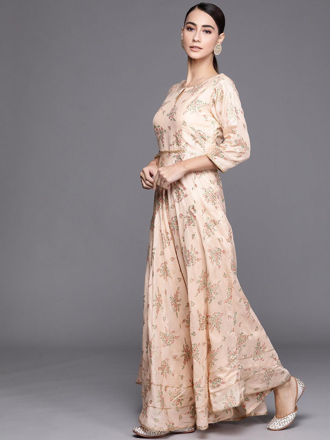 Peach Printed Silk Blend Dress With Dupatta