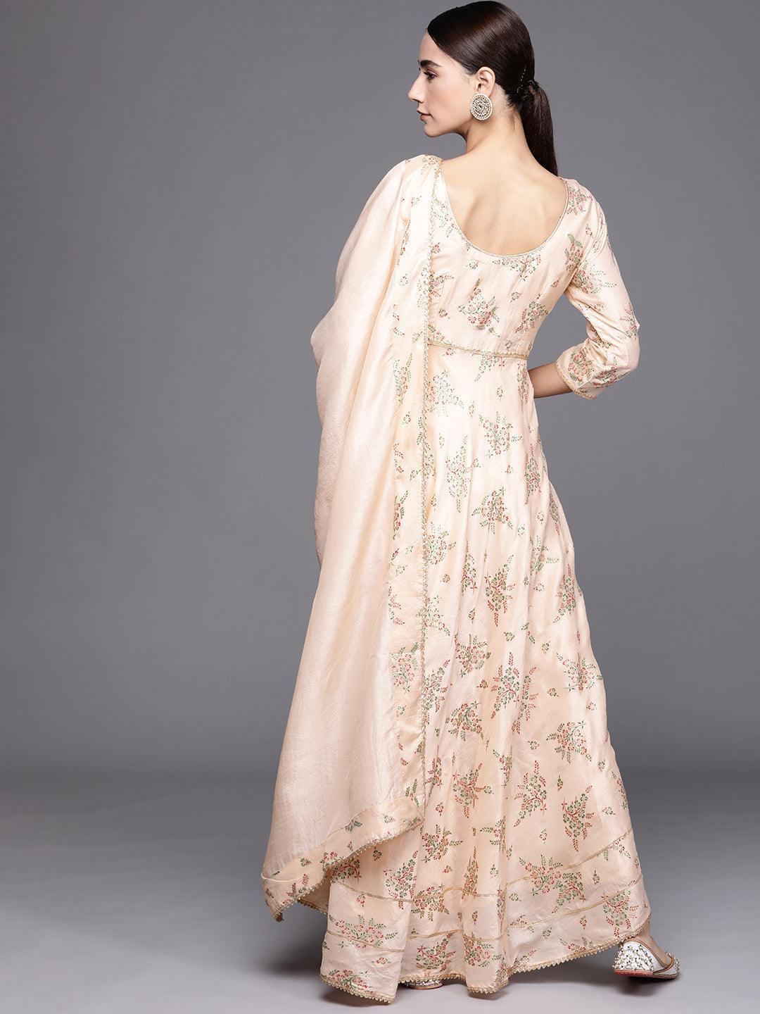 Peach Printed Silk Blend Dress With Dupatta