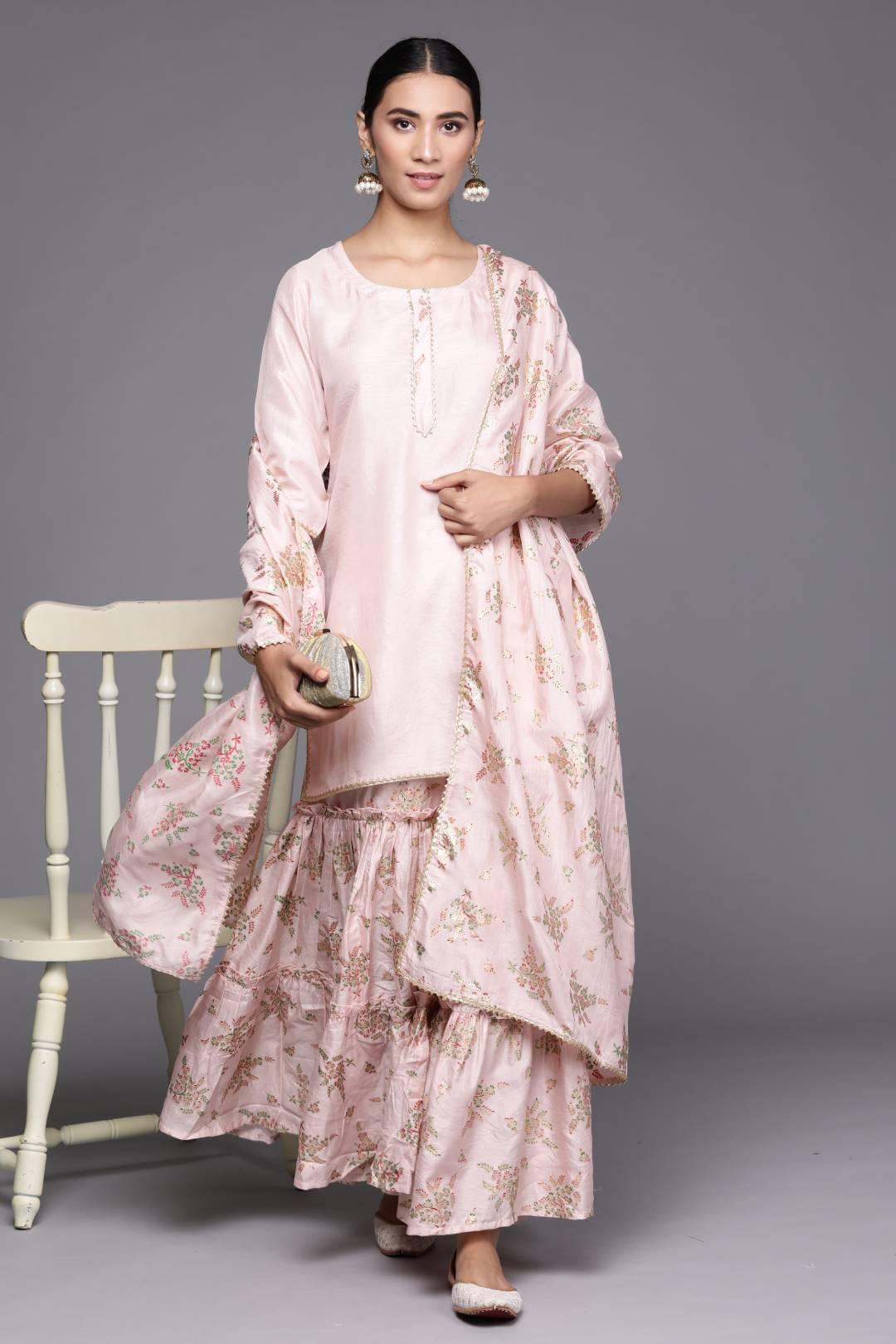 Pink Solid Silk Blend Suit Set