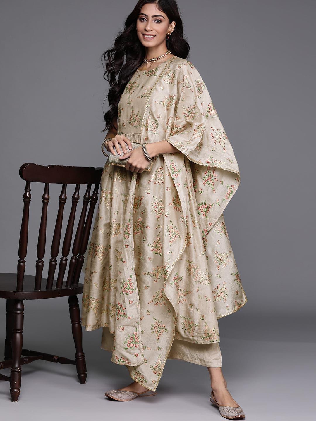 Beige Printed Silk Blend Suit Set