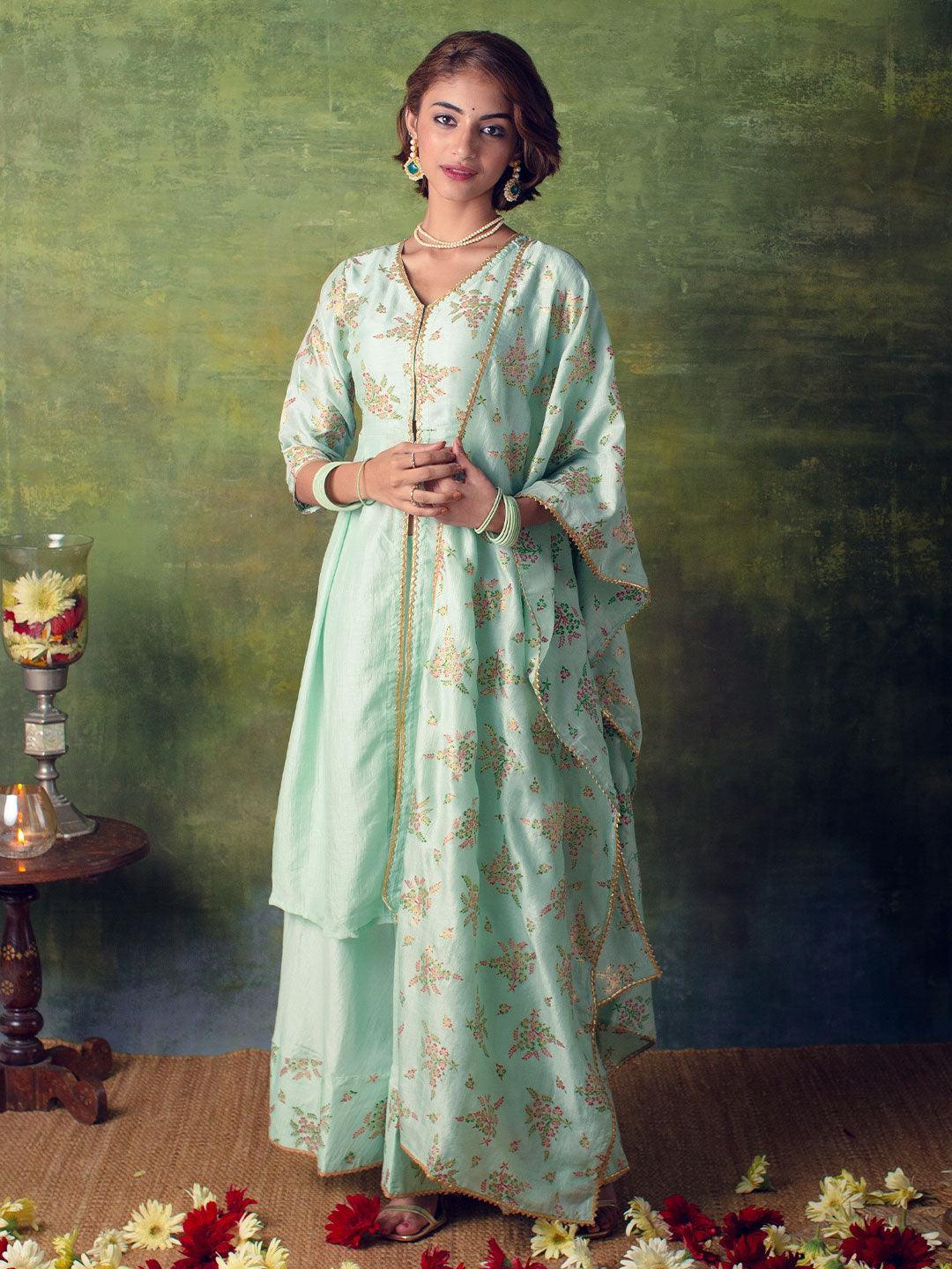 Sea Green Printed Silk Blend Suit Set - ShopLibas