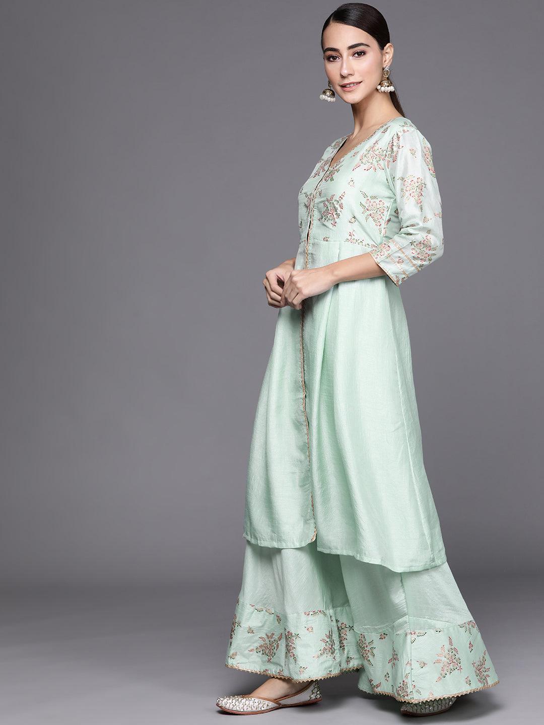 Sea Green Printed Silk Blend Suit Set