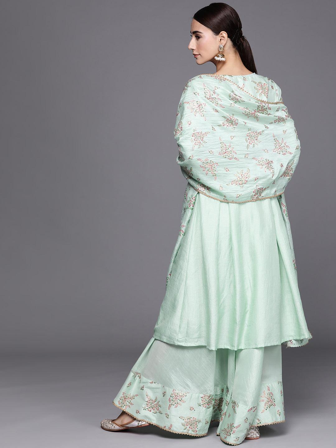 Sea Green Printed Silk Blend Suit Set