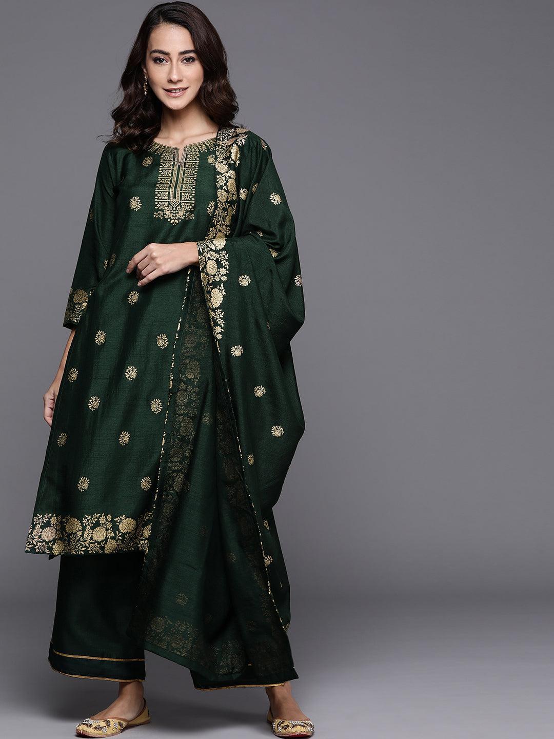 Green Printed Silk Blend Suit Set