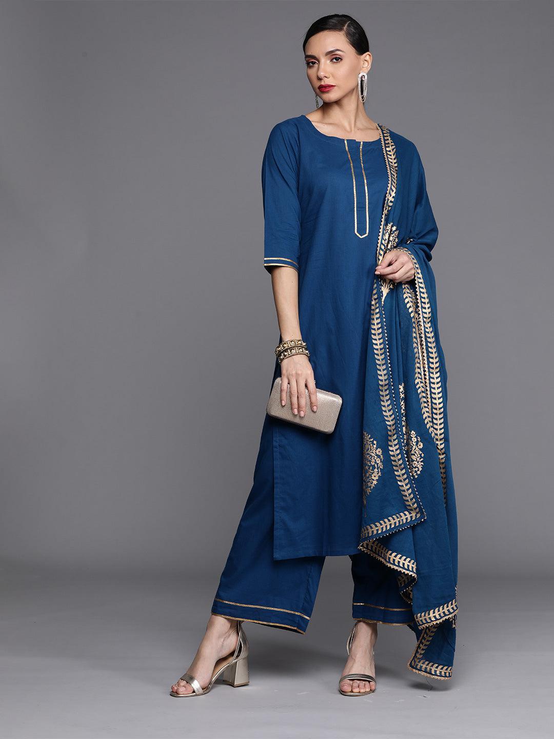 Blue Solid Cotton Suit Set - ShopLibas