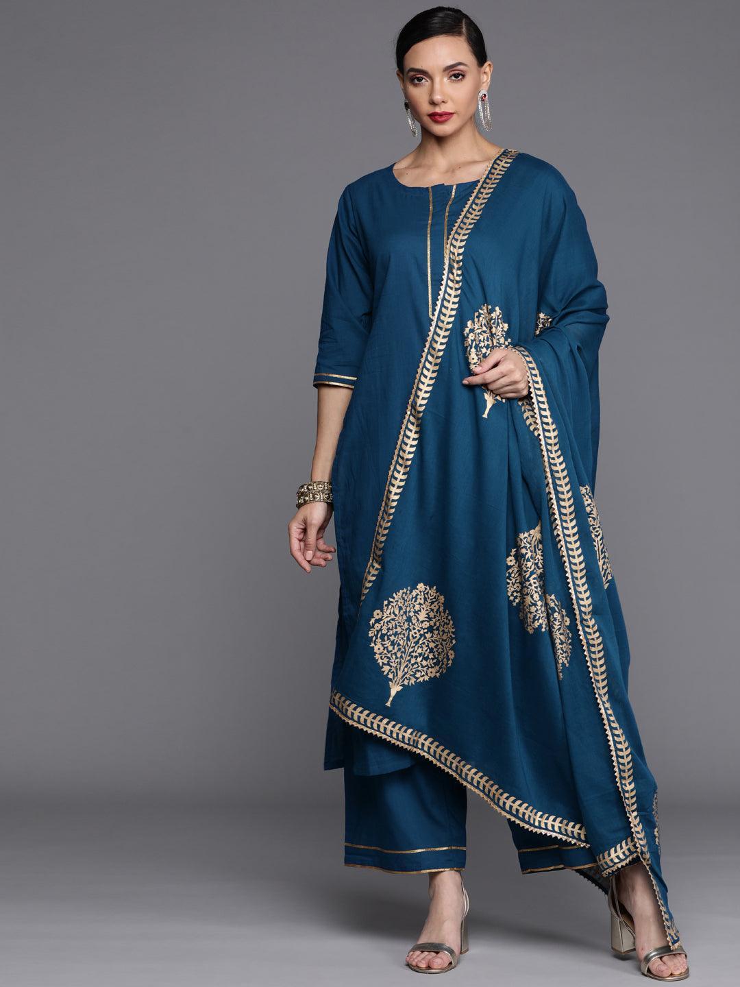 Blue Solid Cotton Suit Set - ShopLibas