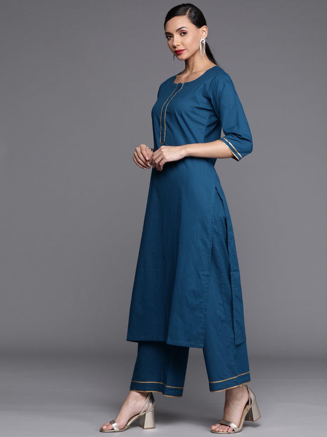 Blue Solid Cotton Suit Set