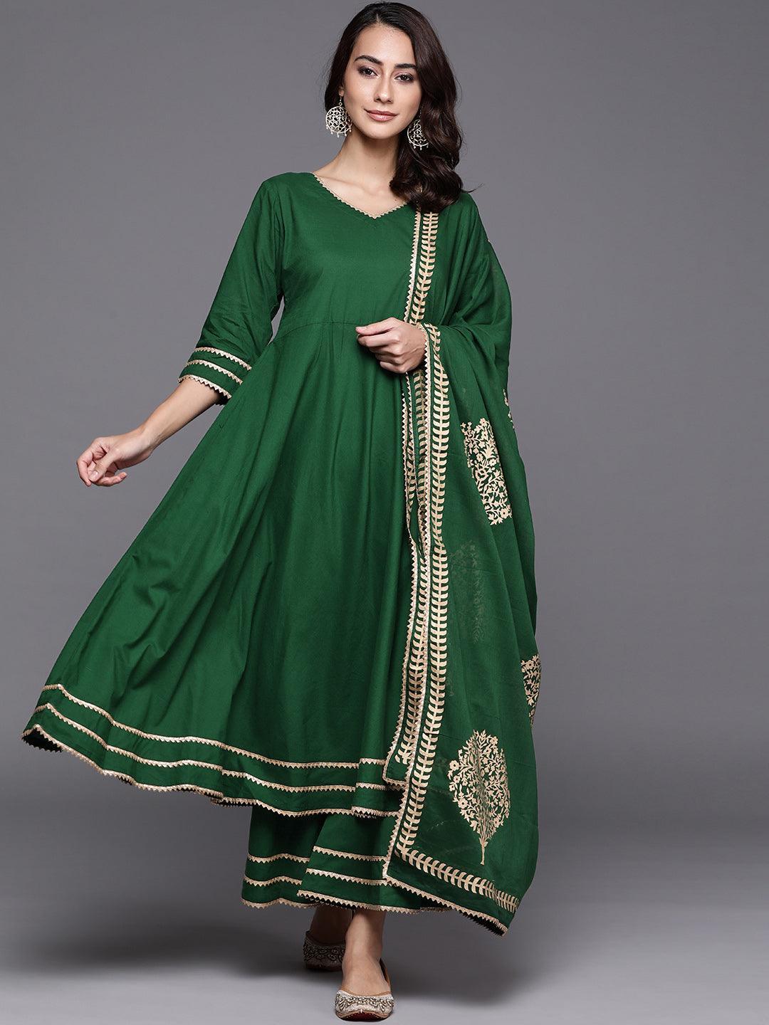 Green Solid Cotton Suit Set - ShopLibas