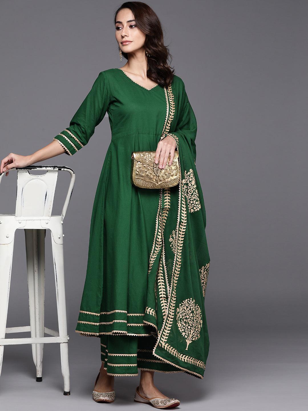 Green Solid Cotton Suit Set - ShopLibas