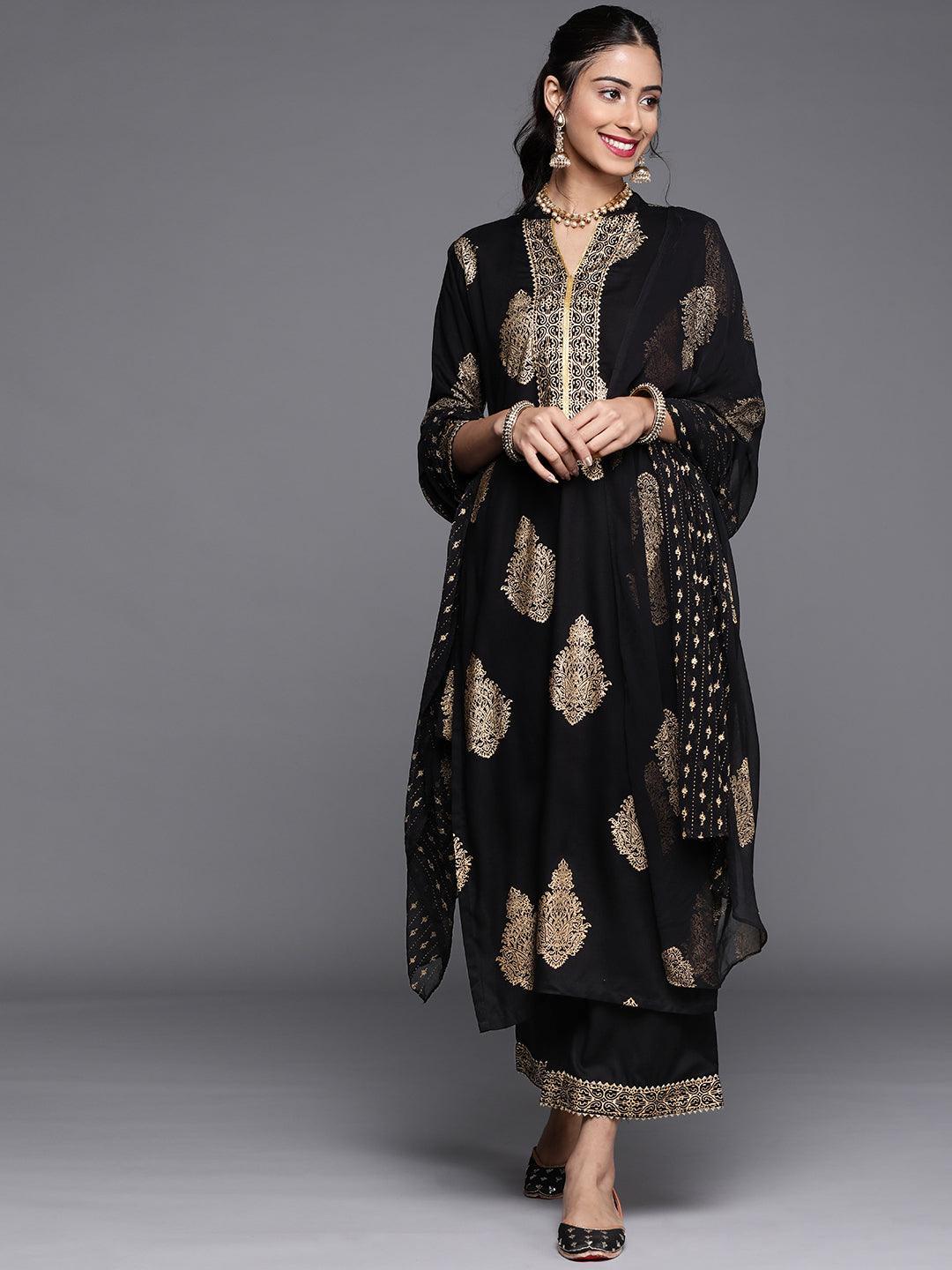 Black Printed Viscose Rayon Suit Set