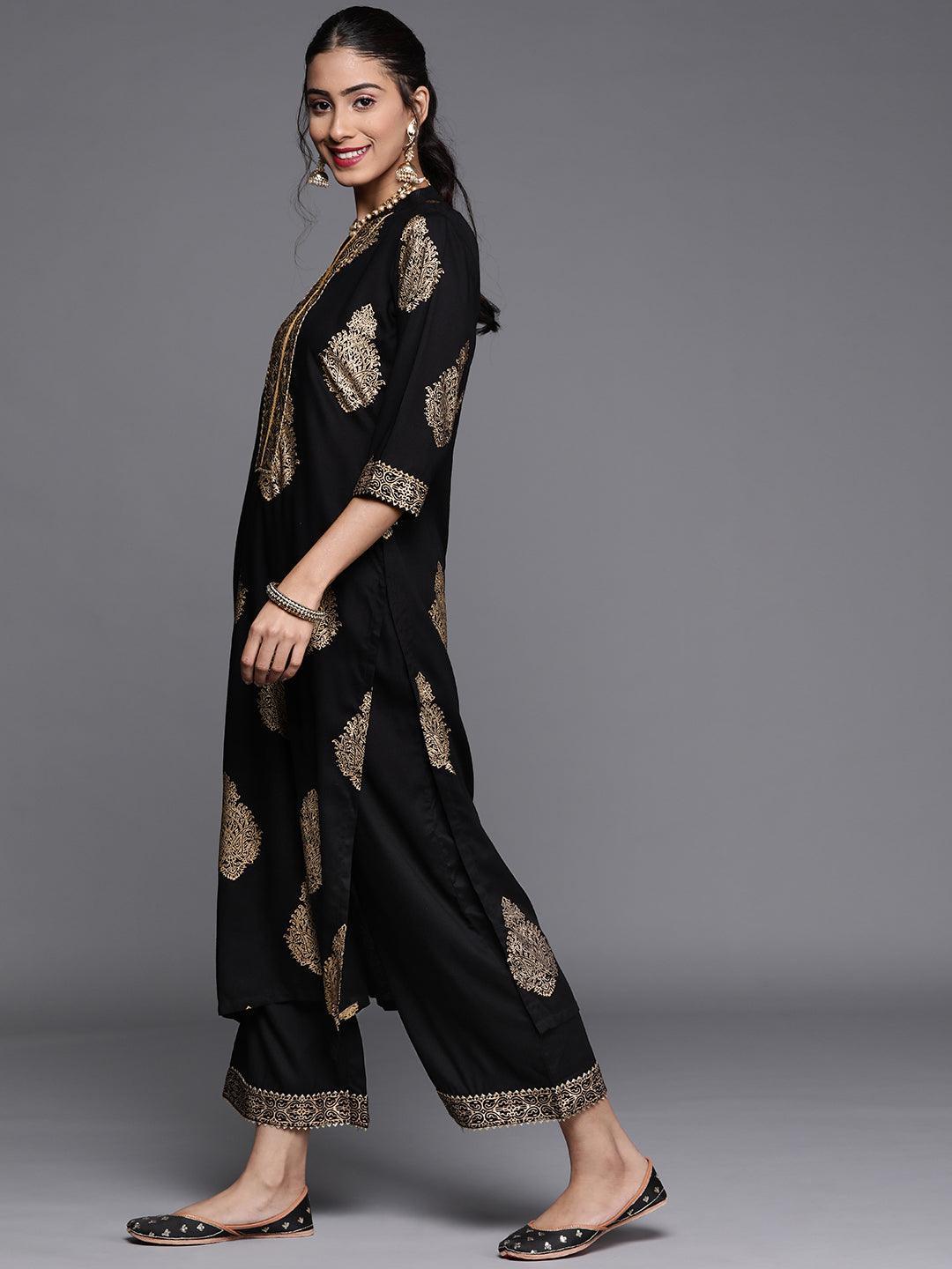 Black Printed Viscose Rayon Suit Set