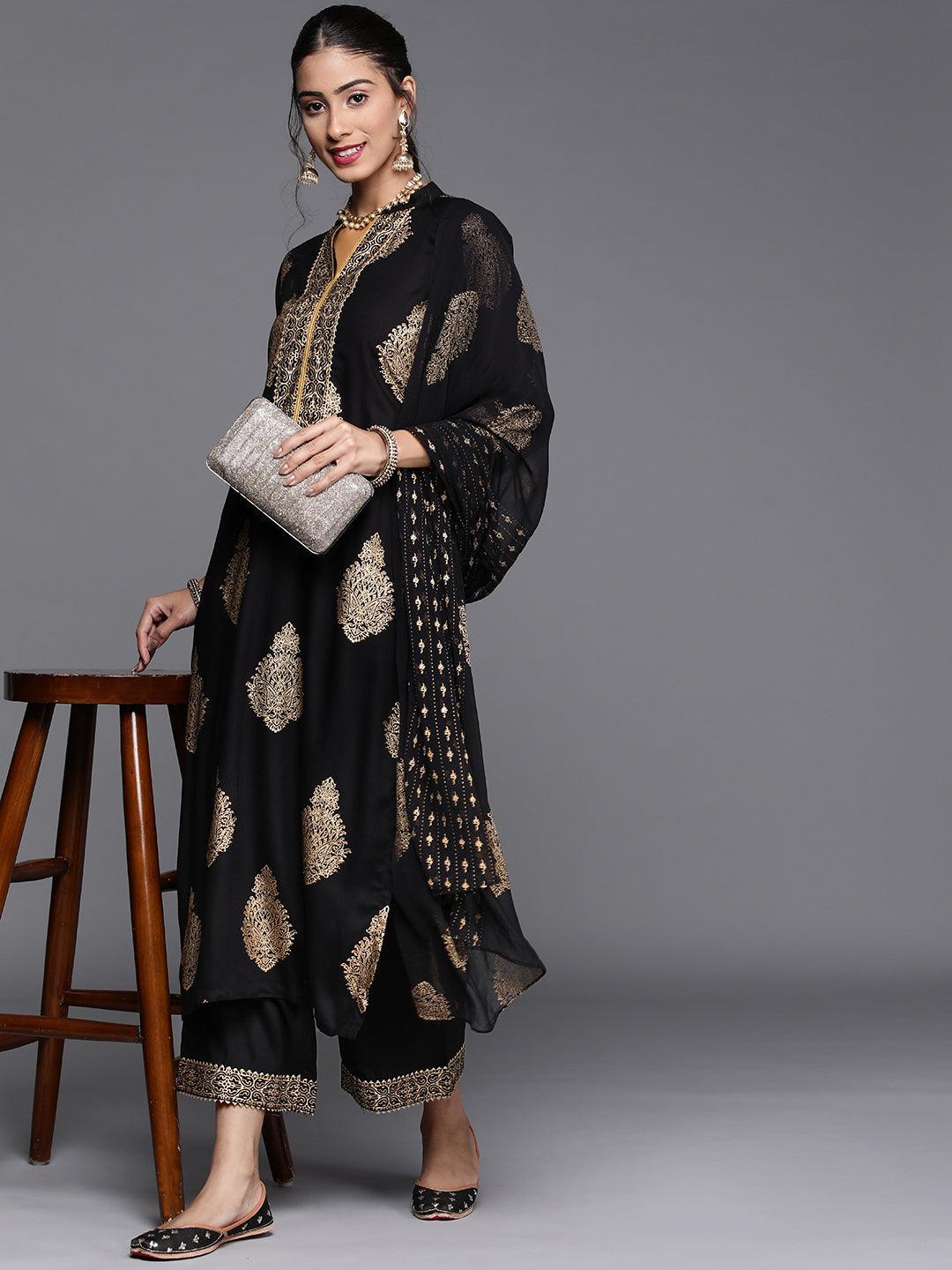 Black Printed Viscose Rayon Suit Set - ShopLibas