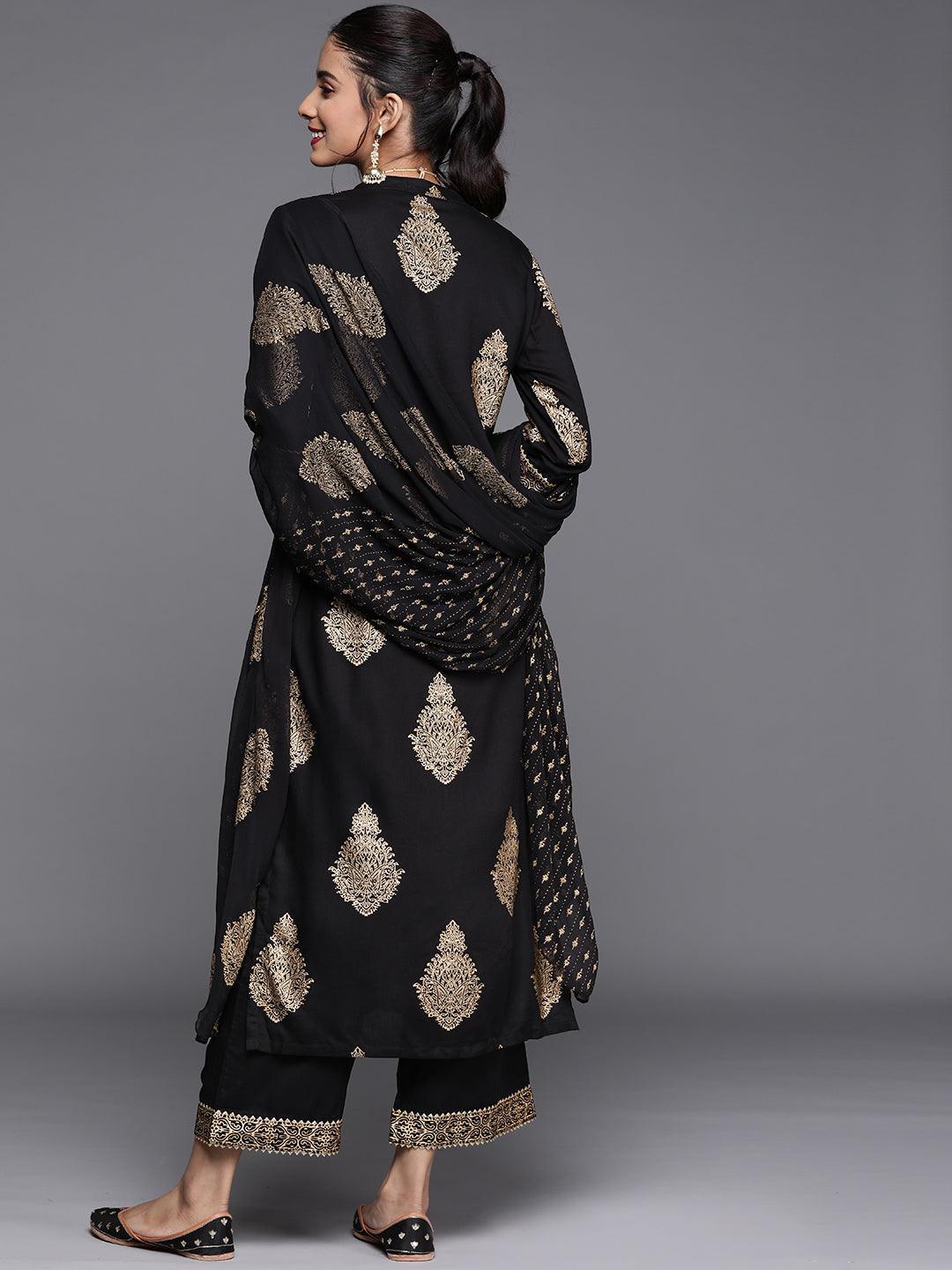 Black Printed Viscose Rayon Suit Set