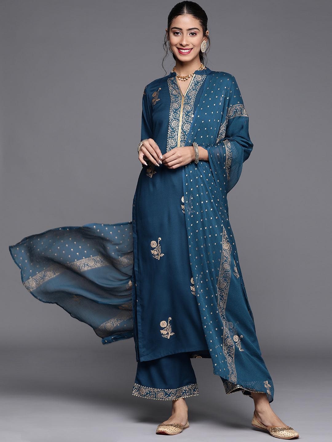 Blue Printed Viscose Rayon Suit Set