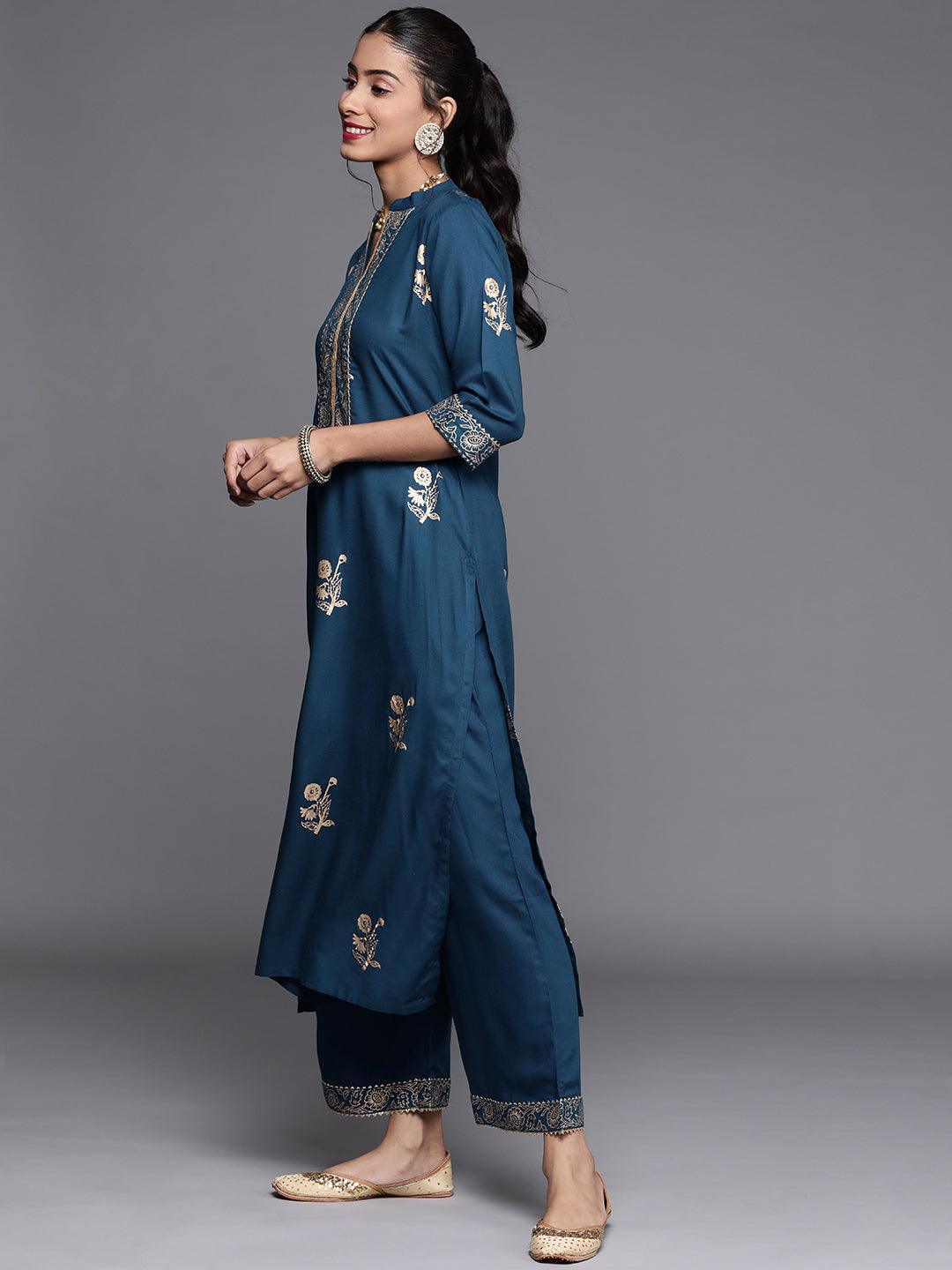 Blue Printed Viscose Rayon Suit Set