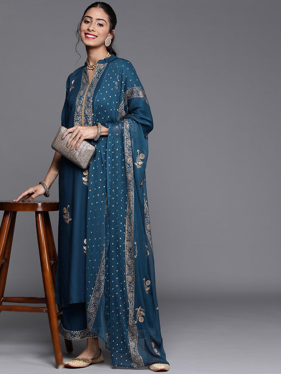 Blue Printed Viscose Rayon Suit Set