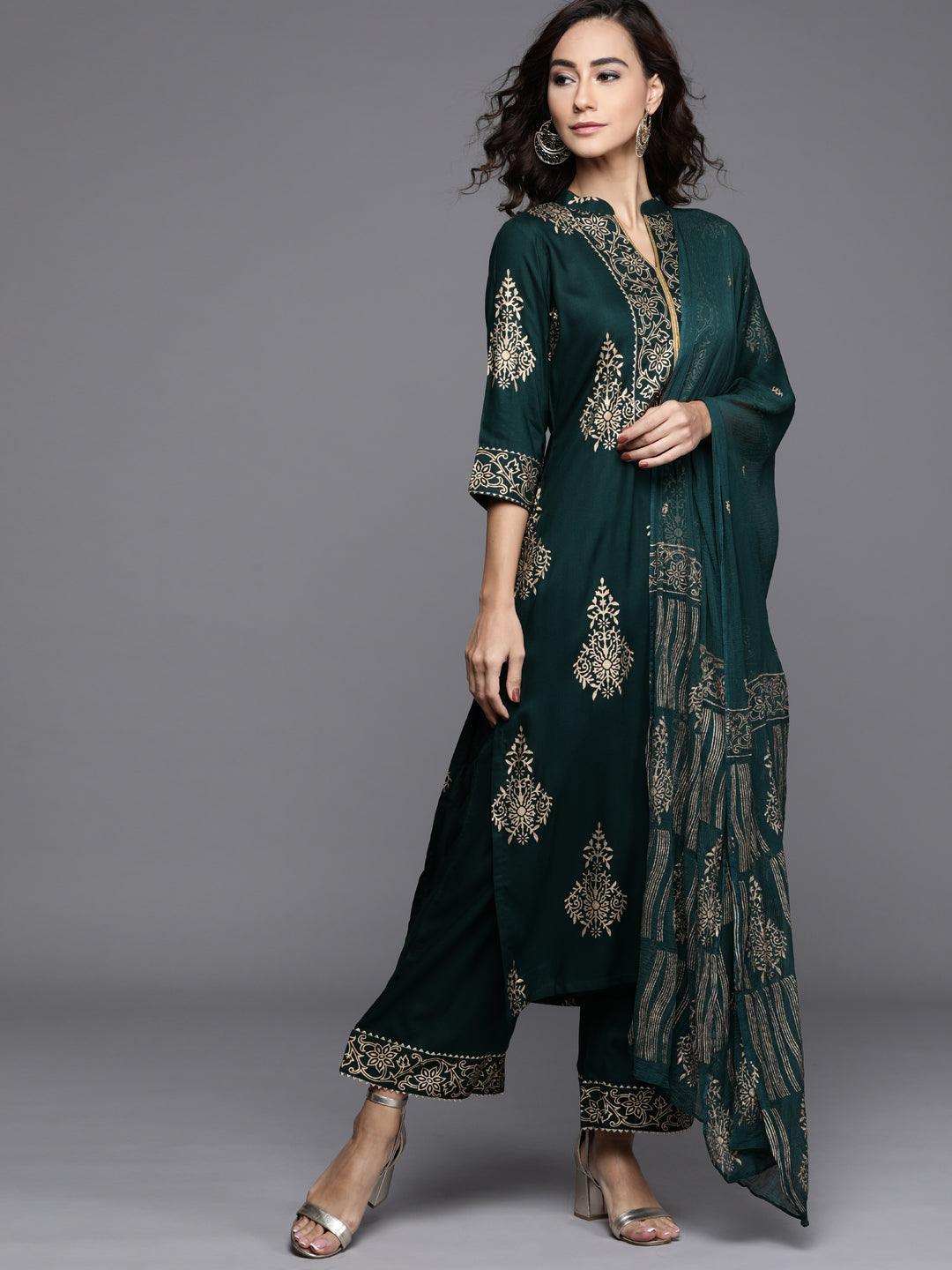 Green Printed Viscose Rayon Suit Set - ShopLibas