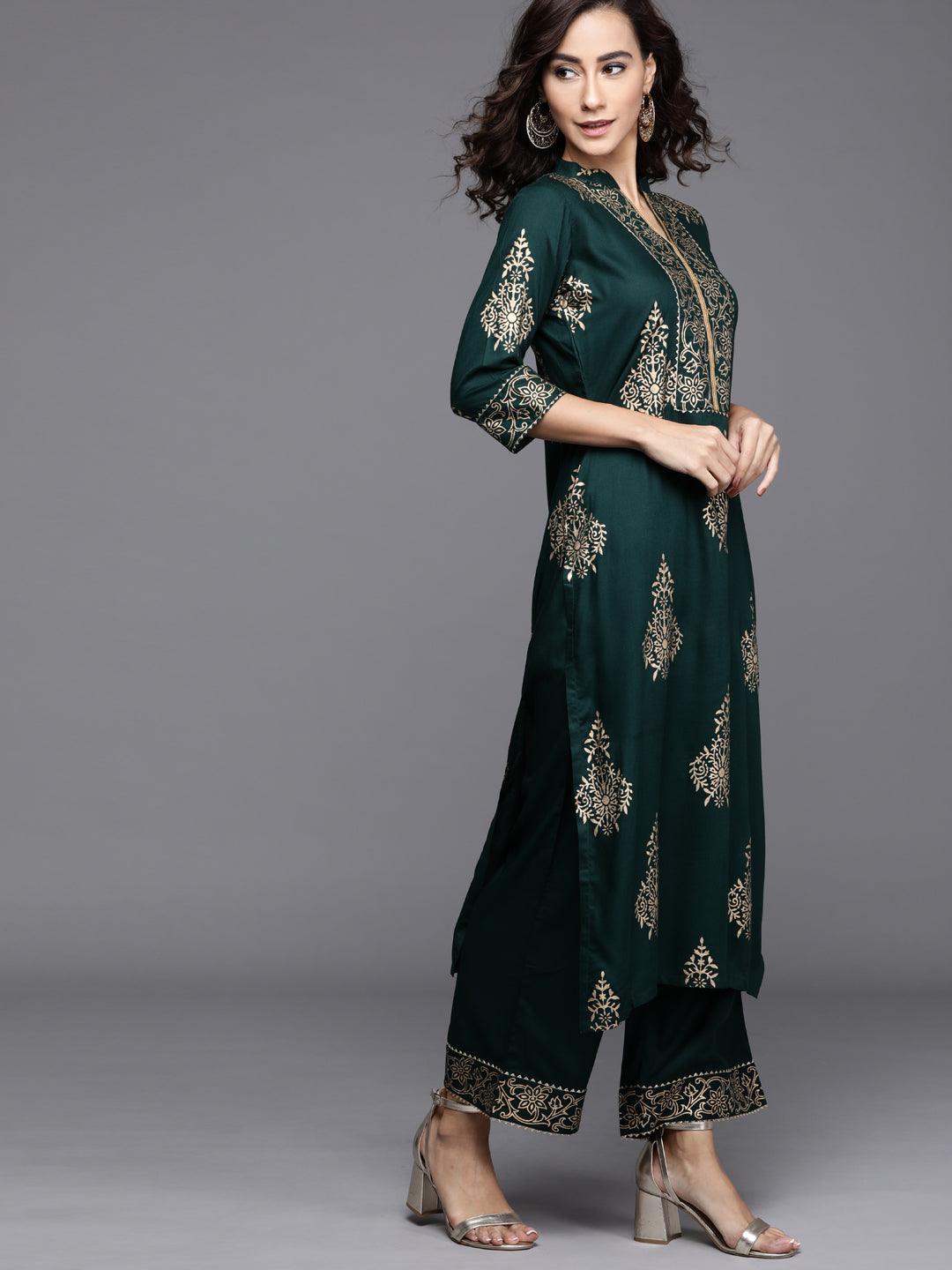 Green Printed Viscose Rayon Suit Set - ShopLibas