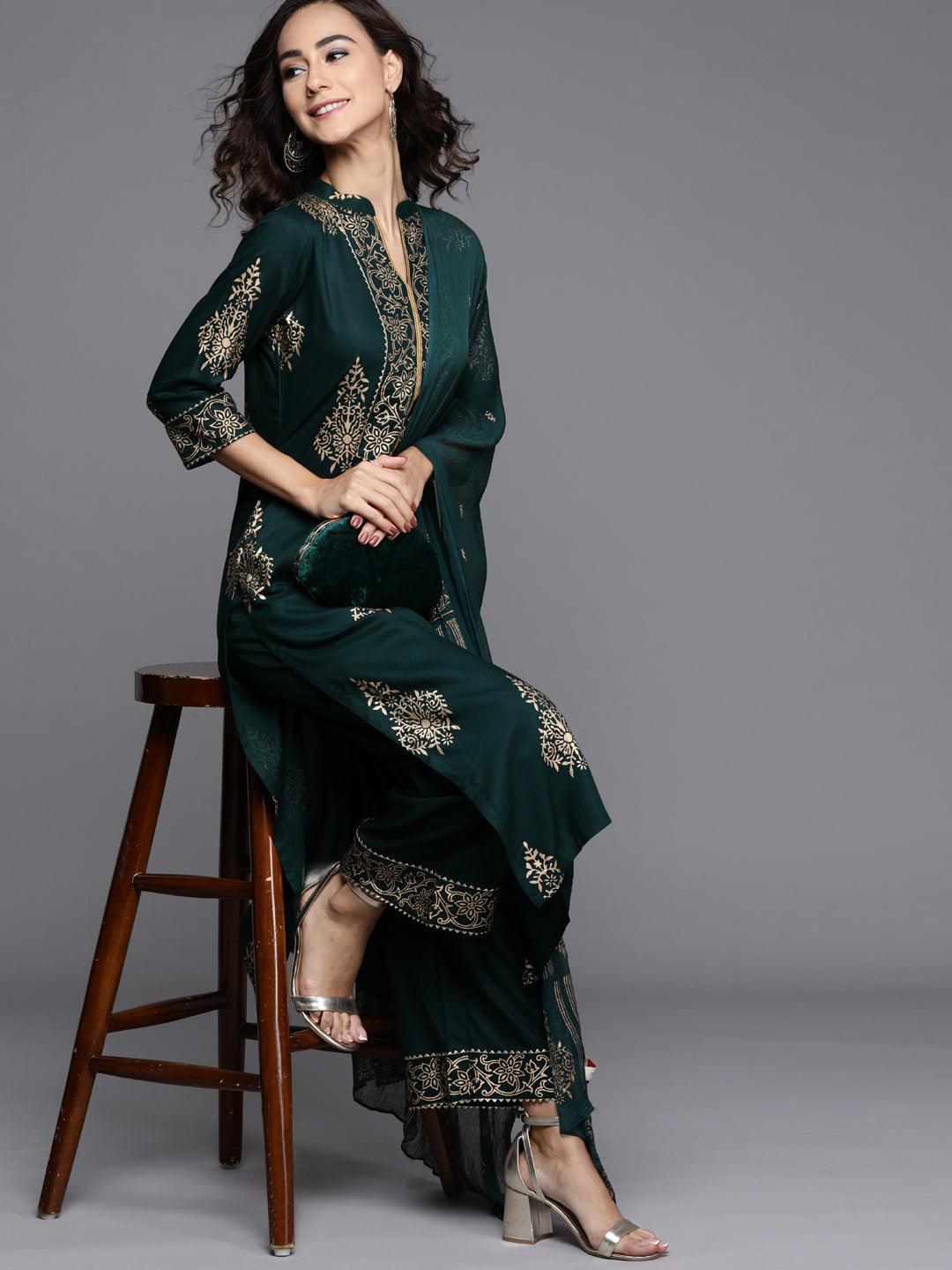 Green Printed Viscose Rayon Suit Set