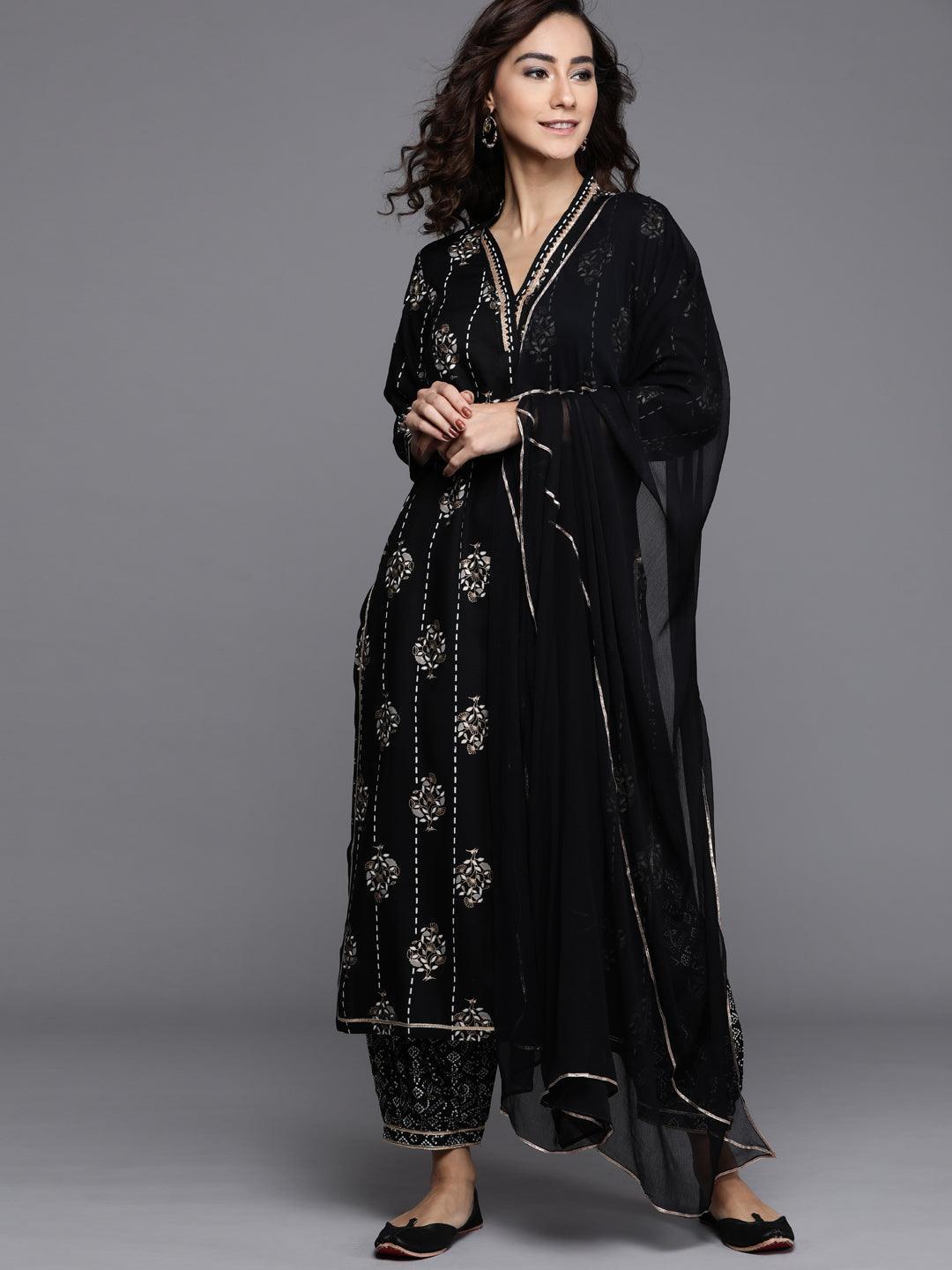 Black Printed Cotton Suit Set - ShopLibas