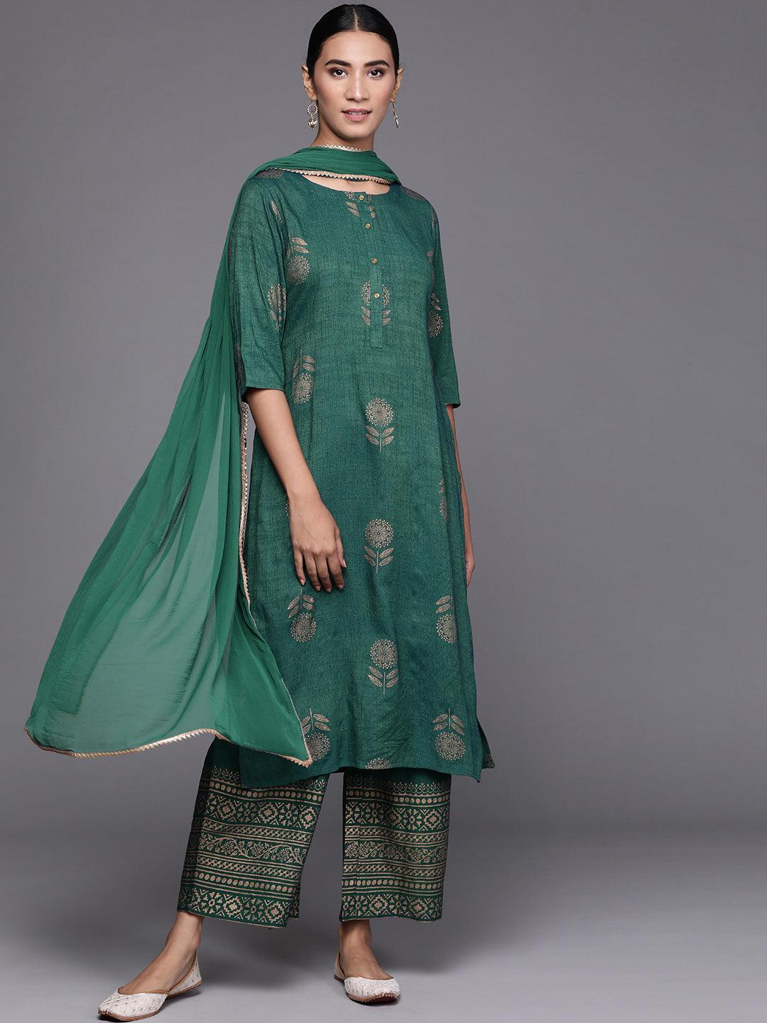 Green Printed Chanderi Silk Suit Set - ShopLibas