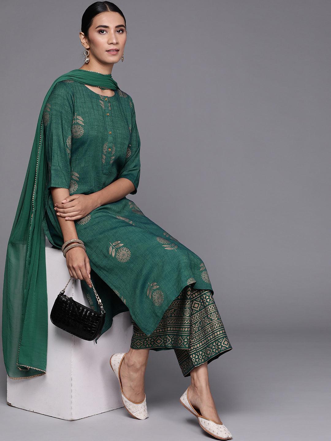 Green Printed Chanderi Silk Suit Set