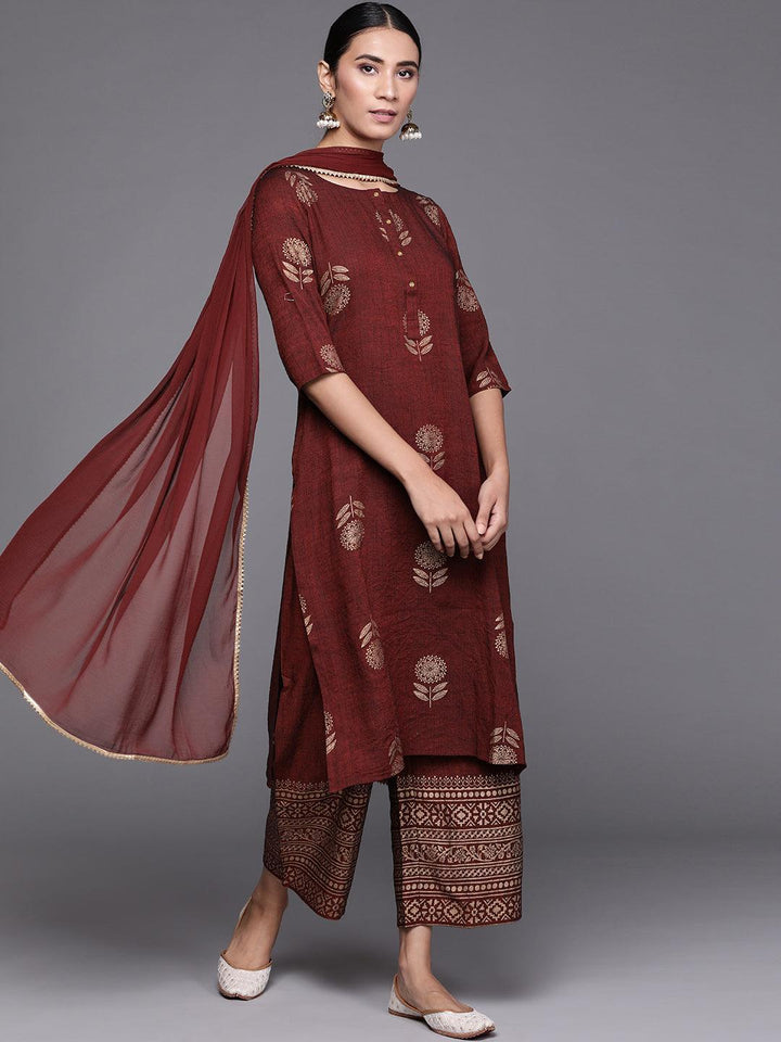 Maroon Printed Chanderi Silk Suit Set - ShopLibas