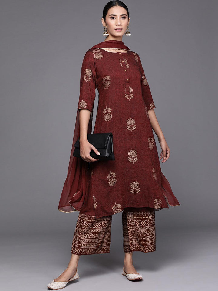 Maroon Printed Chanderi Silk Suit Set - ShopLibas