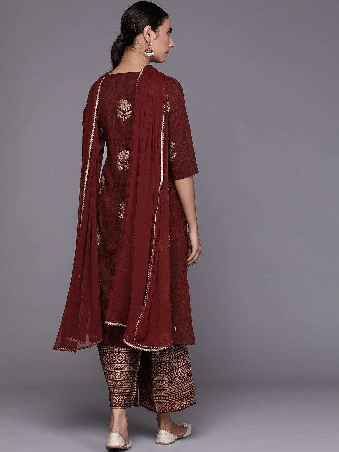 Maroon Printed Chanderi Silk Suit Set