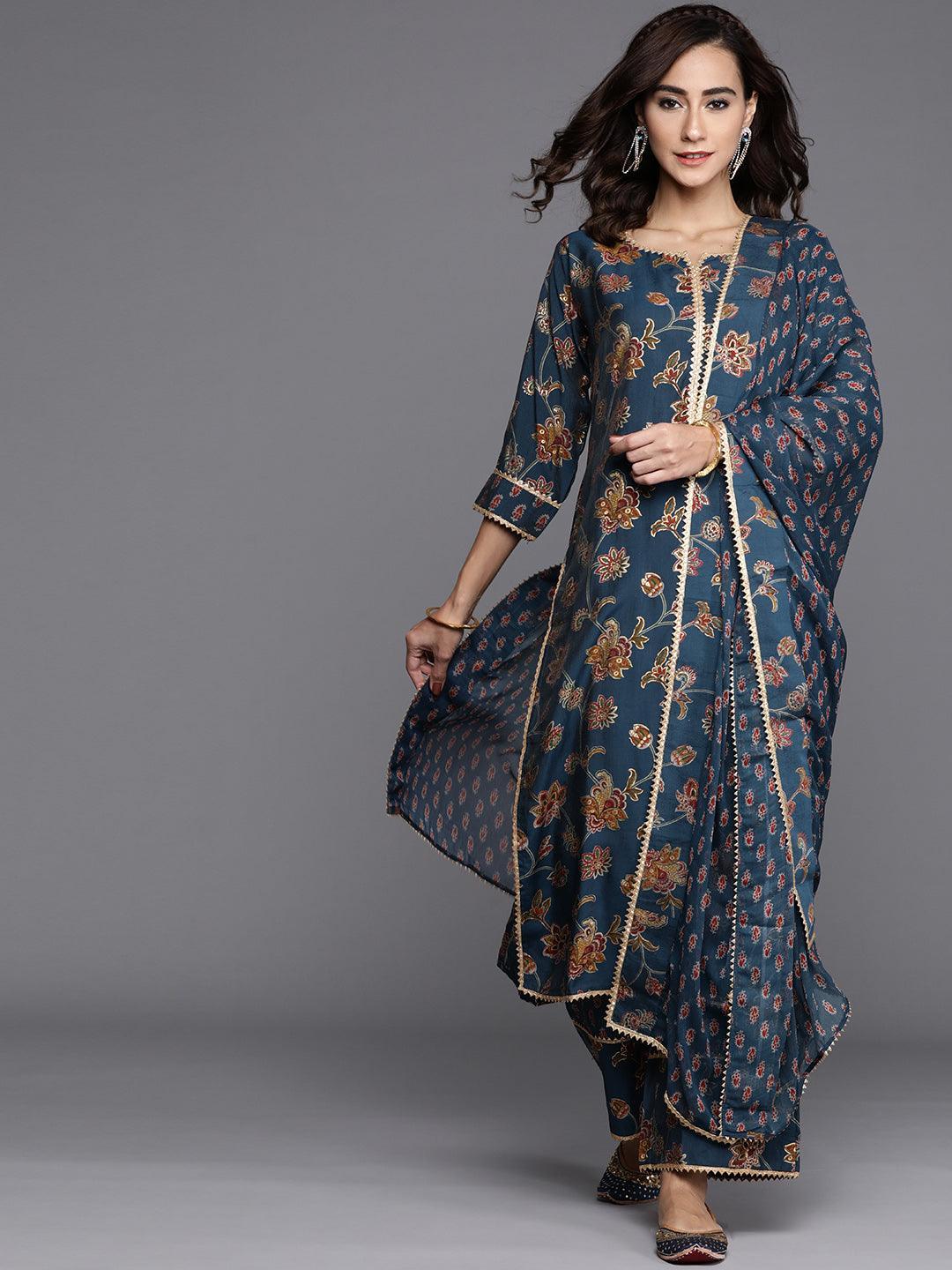 Blue Printed Silk Blend Suit Set