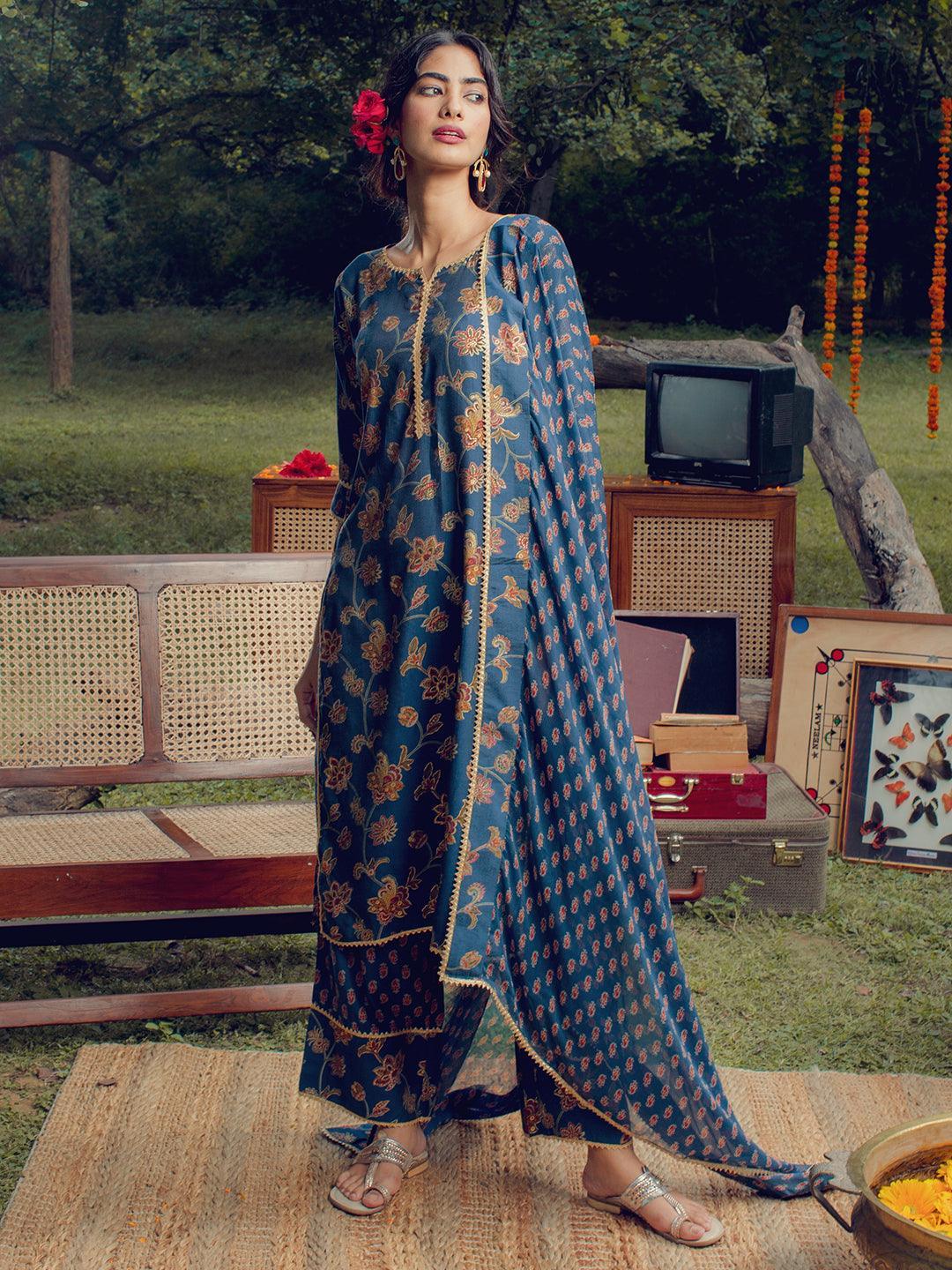 Blue Printed Silk Blend Suit Set