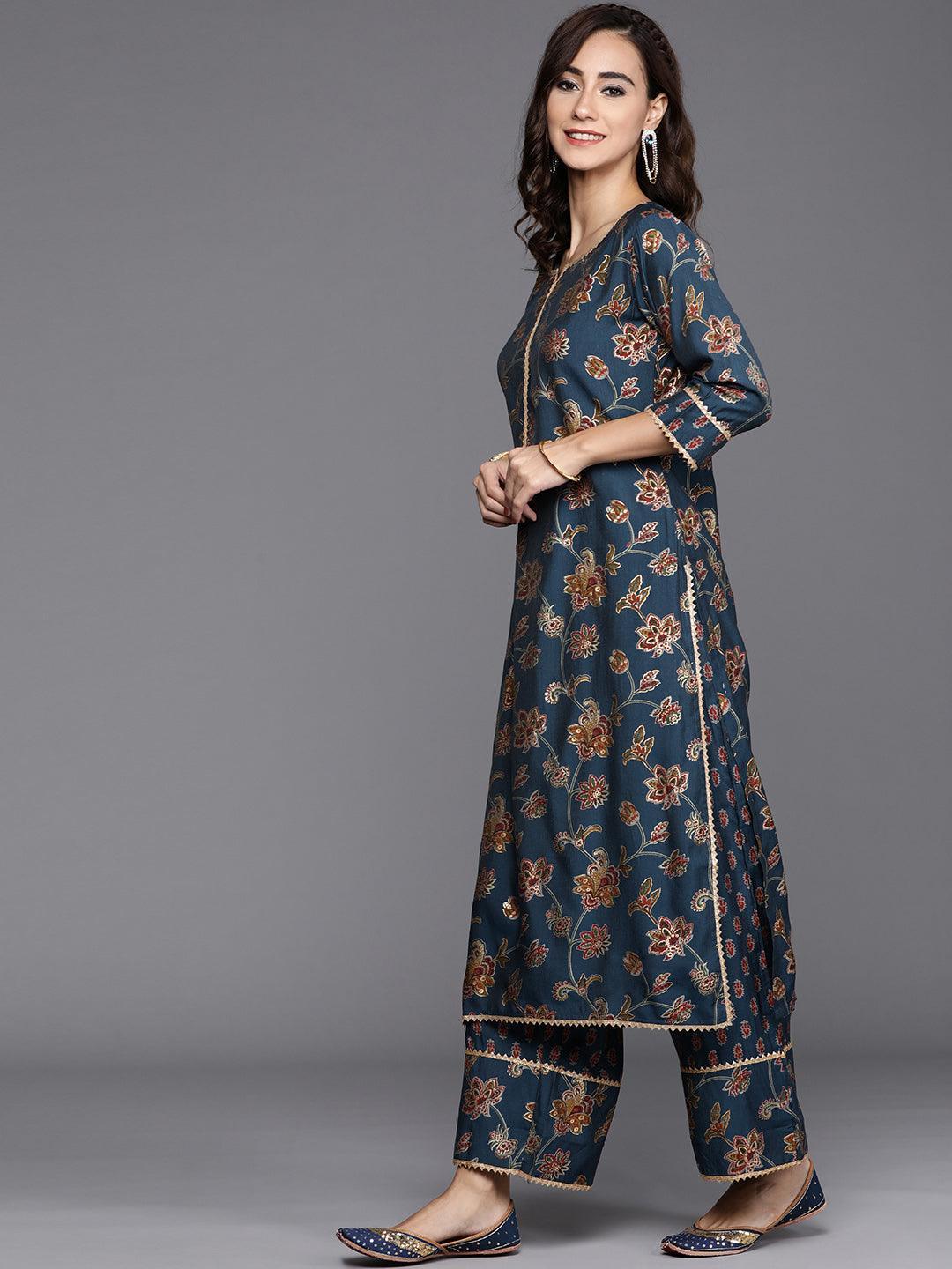 Blue Printed Silk Blend Suit Set