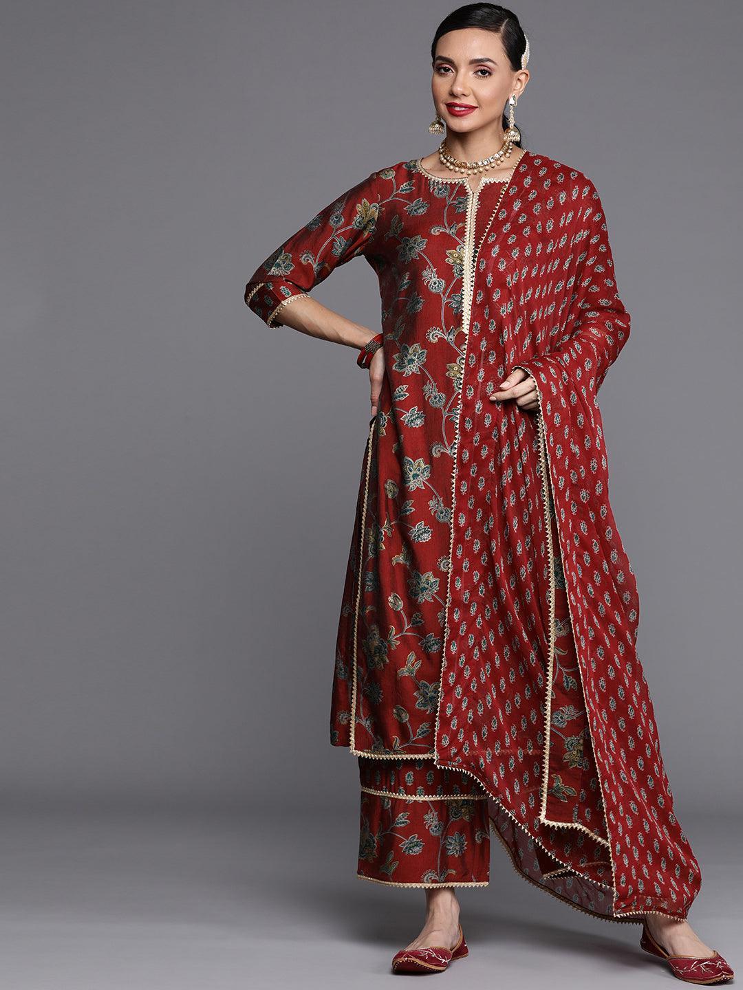 Maroon Printed Silk Blend Suit Set