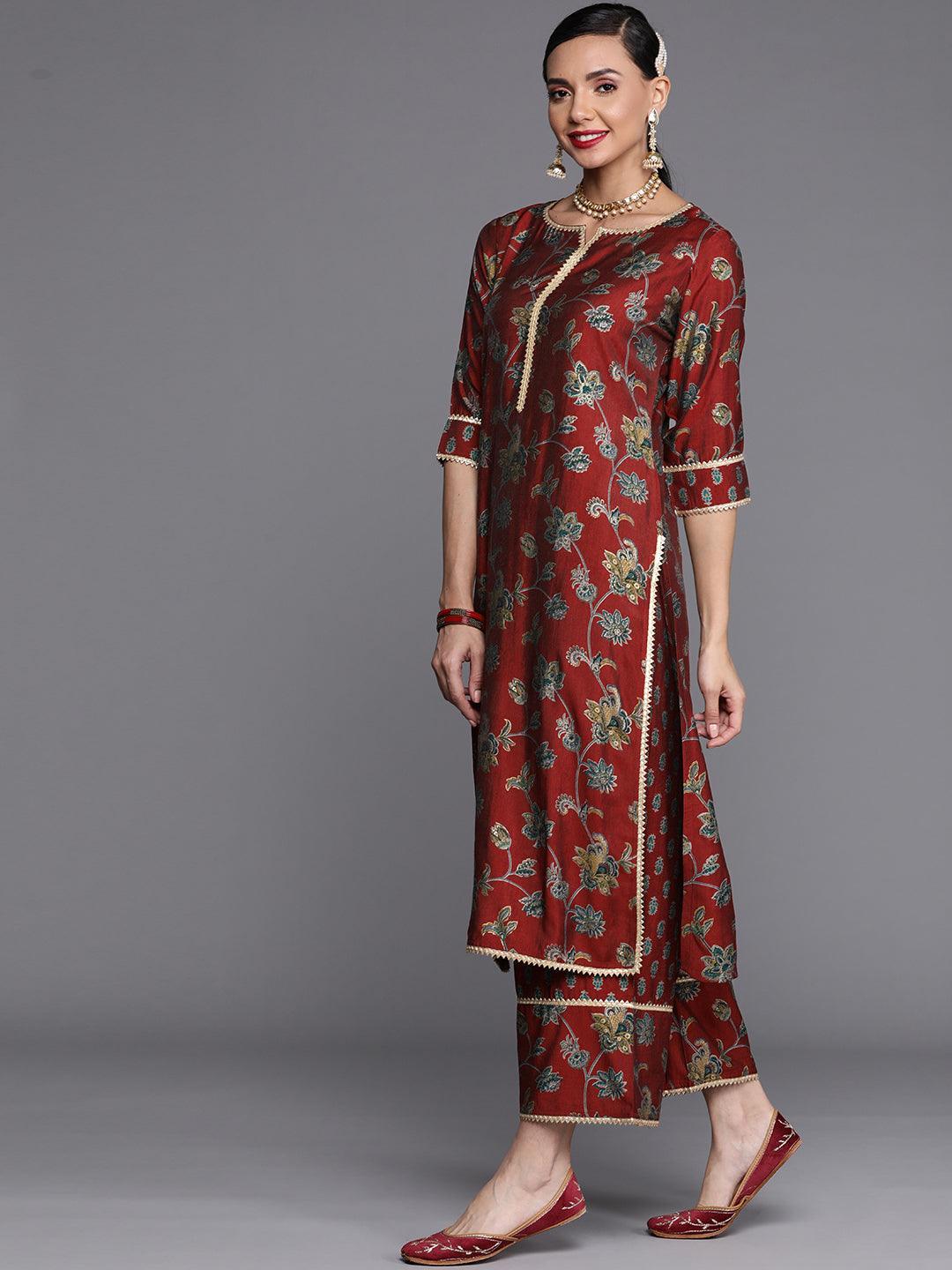 Maroon Printed Silk Blend Suit Set