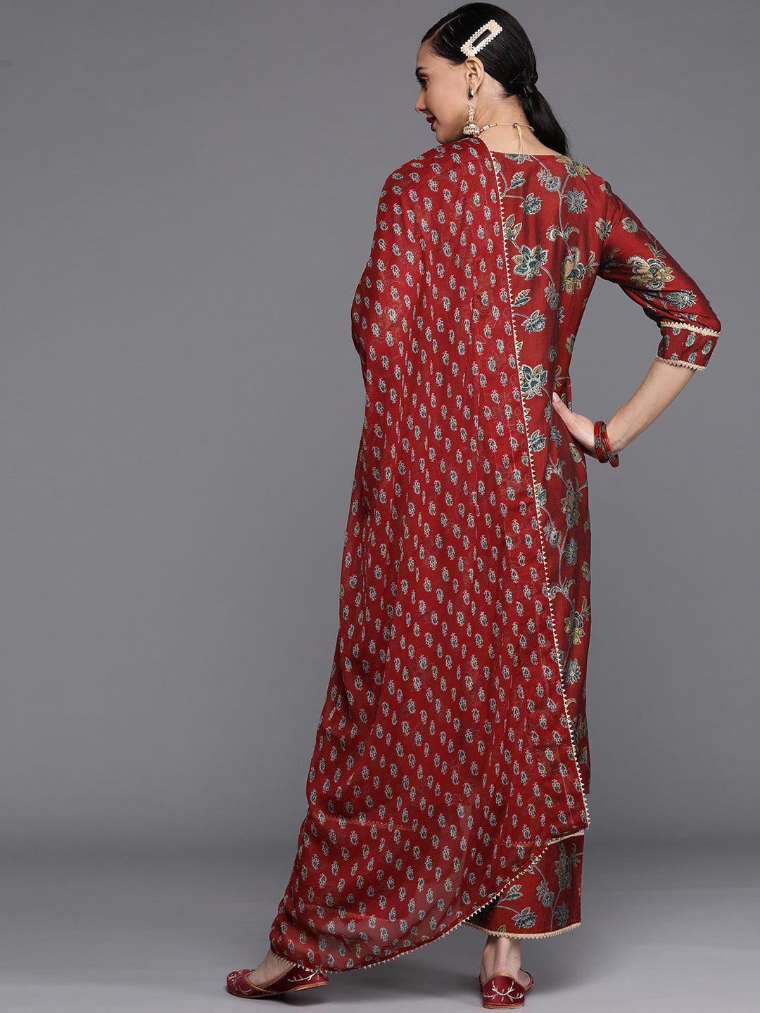 Maroon Printed Silk Blend Suit Set