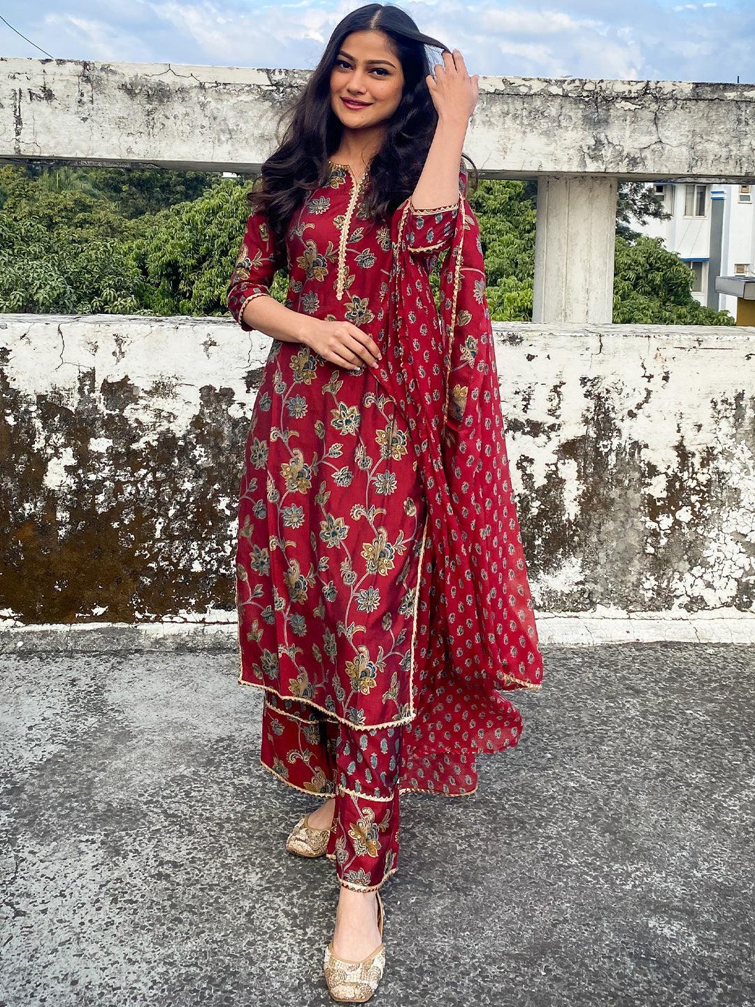 Maroon Printed Silk Blend Suit Set