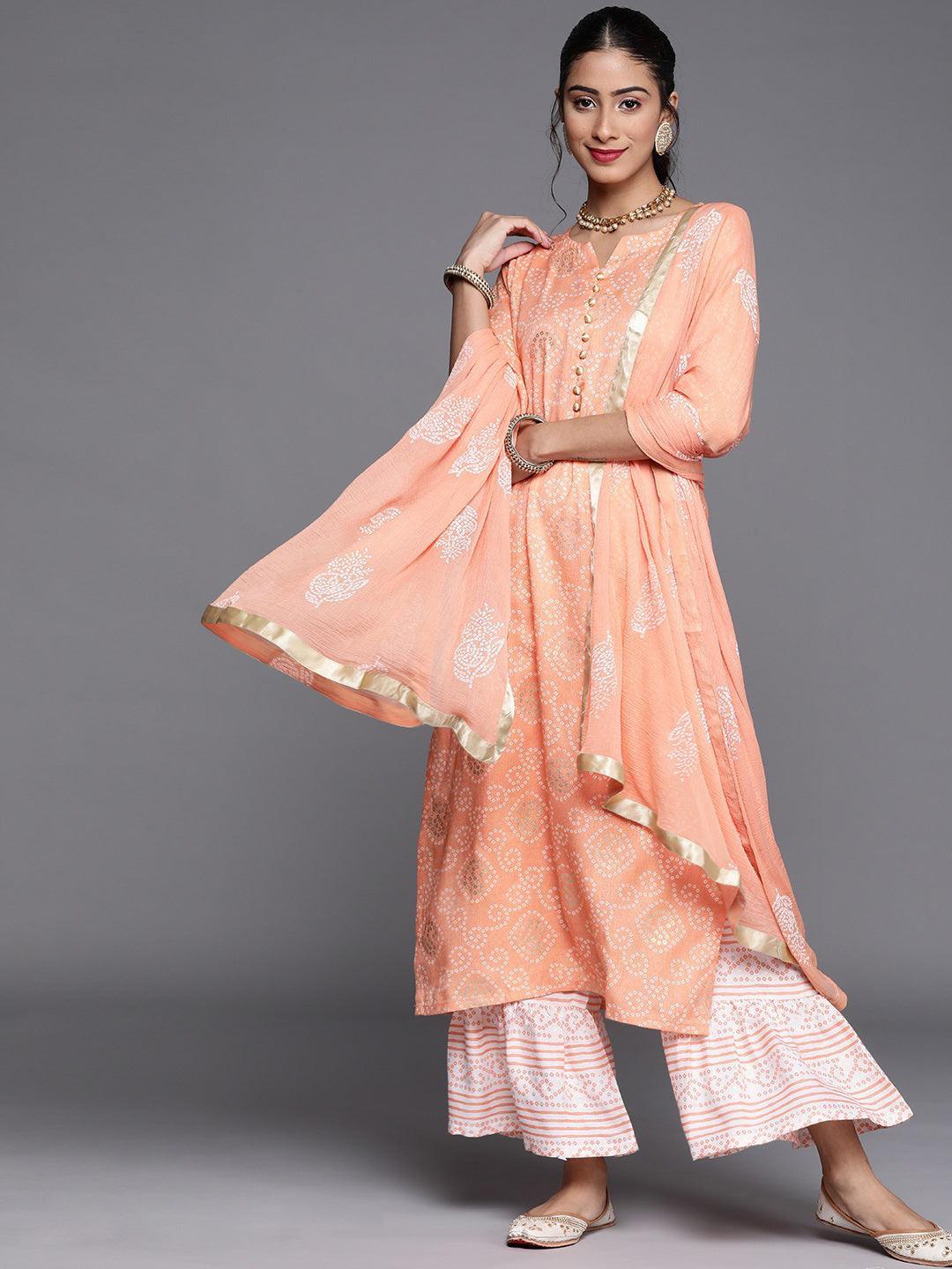 Orange Printed Viscose Rayon Suit Set - ShopLibas