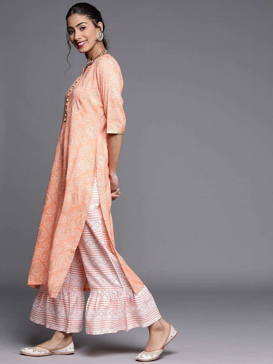 Orange Printed Viscose Rayon Suit Set - ShopLibas